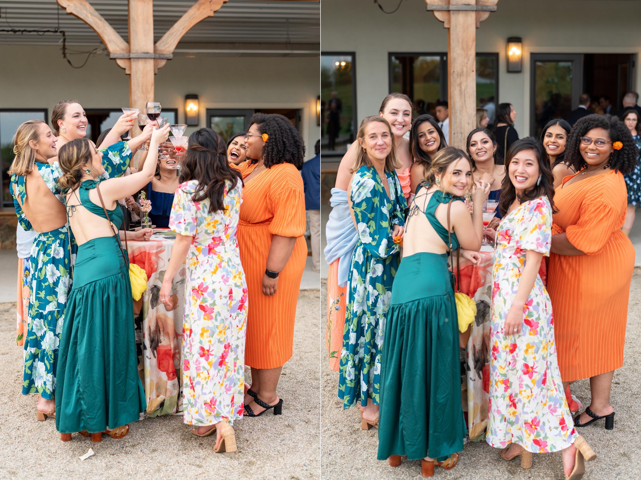 Group of friends in colorful dresses toast during cocktail hour