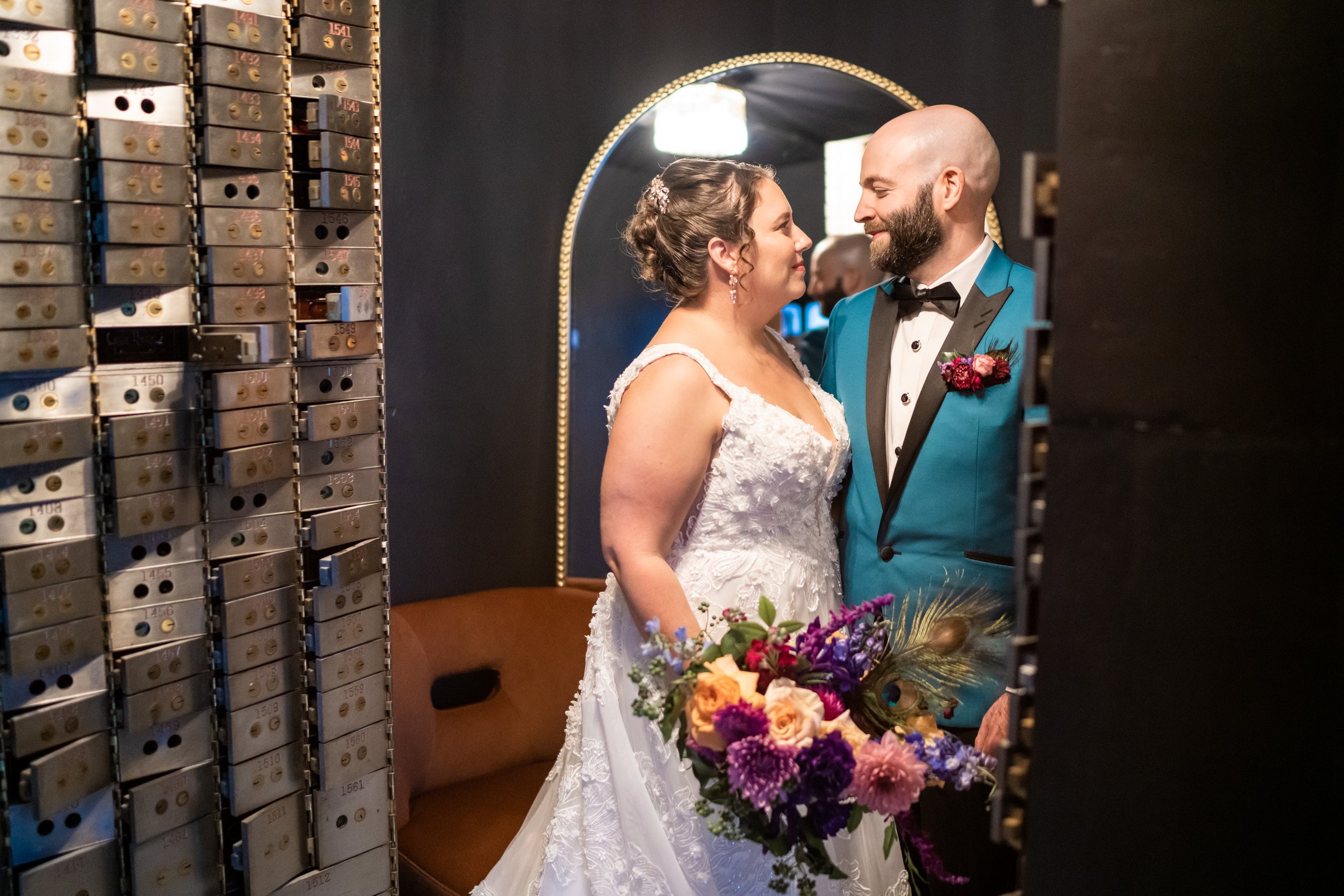 Bank Vault photos with bride and groom at Citizen's Ballroom wedding