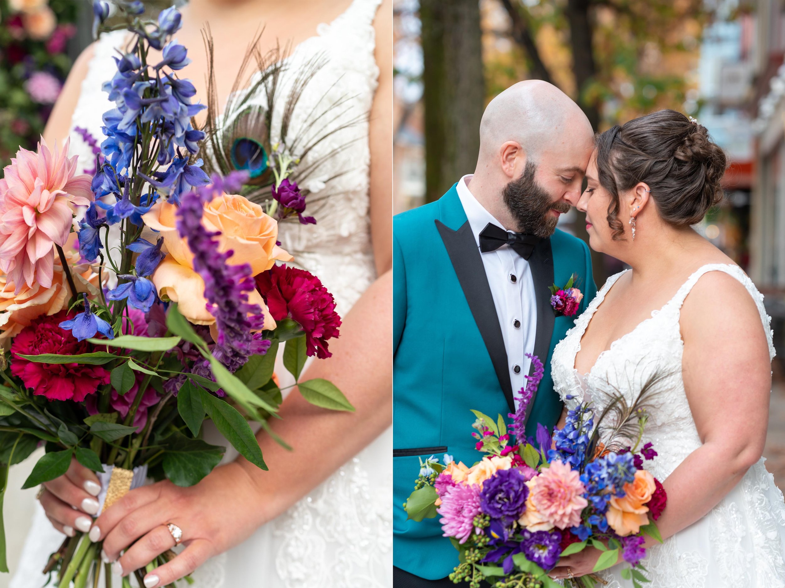 Bride and groom portraits with colorful bouquet at Citizen's Ballroom