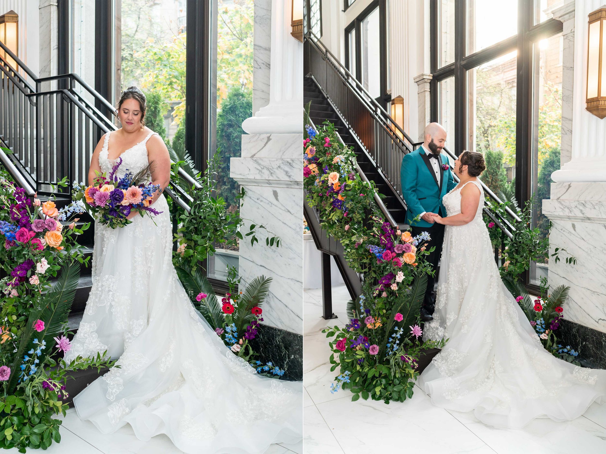 Bride on grand stair case with flower garland at citizen's ballroom wedding photos