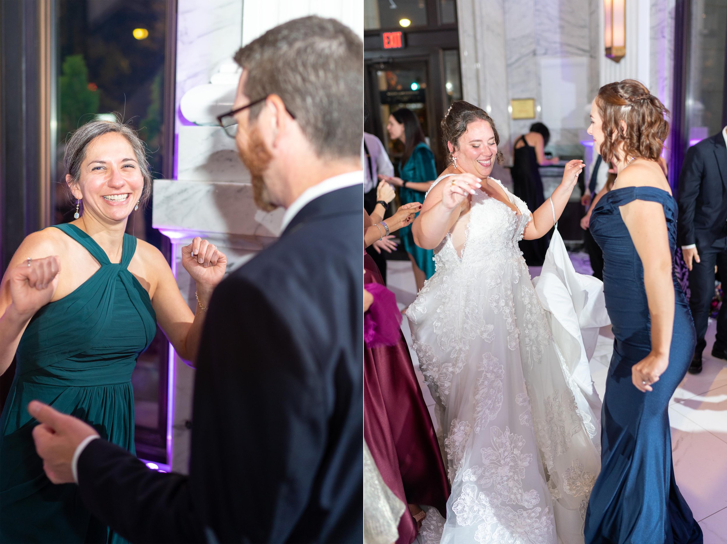 Wedding guests dancing at winter wedding in Frederick md at Citizen's ballroom