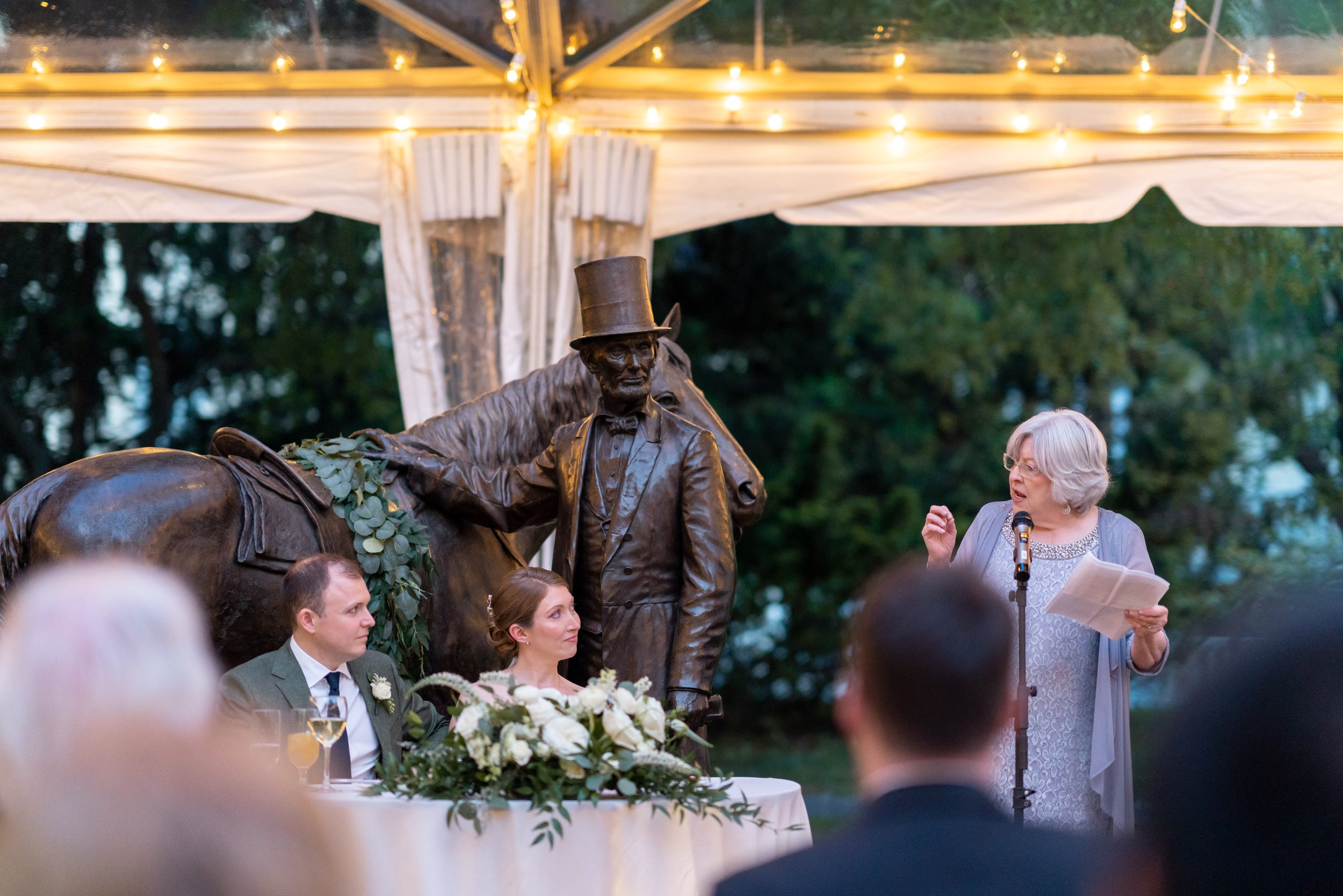 mother of the bride gives speech toast at fun wedding in Washington DC Lincoln's Cottage