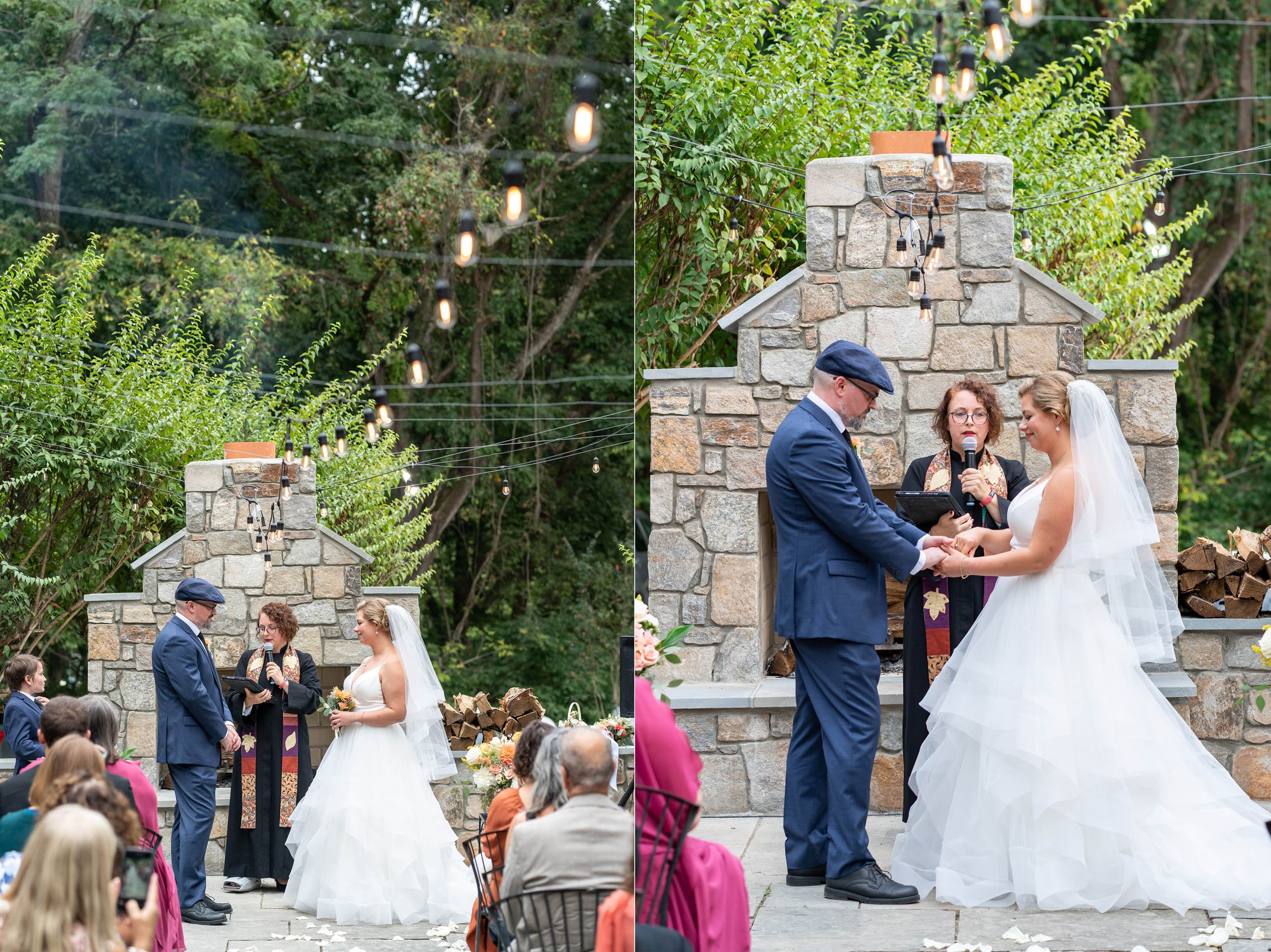Bride and groom exchange vows on terrace at Old Angler's Inn