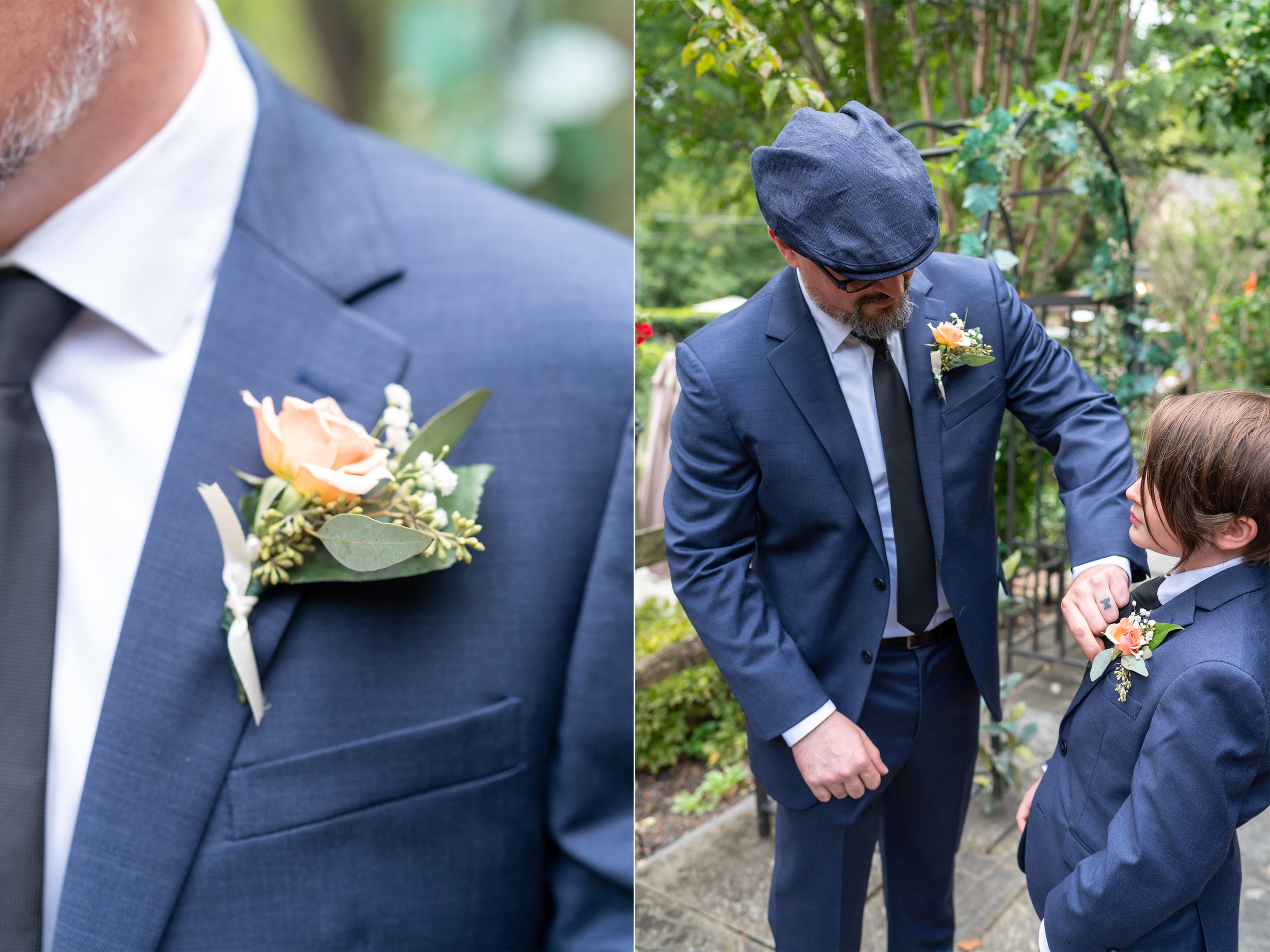 Dad puts a boutonniere on his son's suit