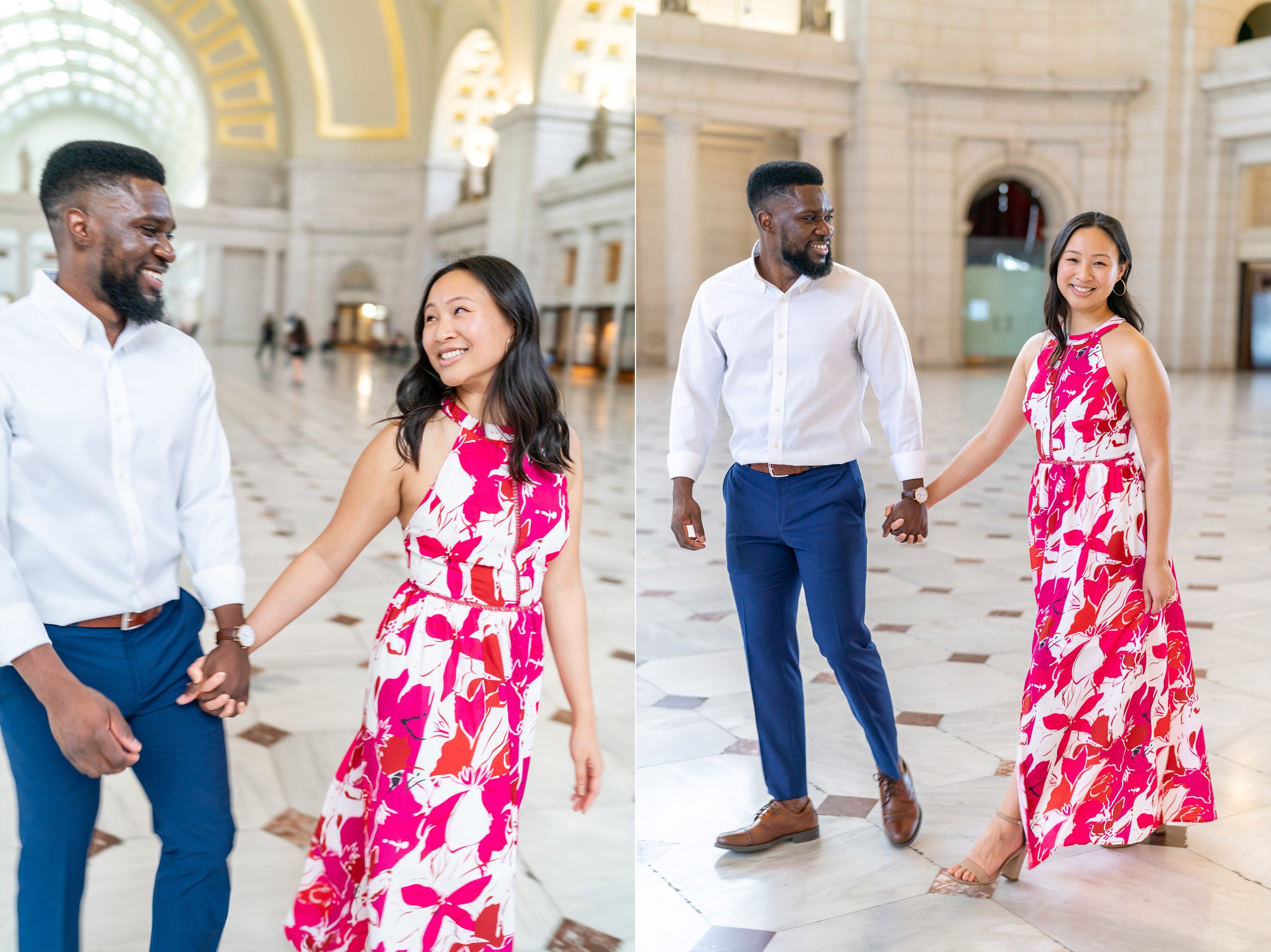 Couple walking together at engagement session at Union Station in DC