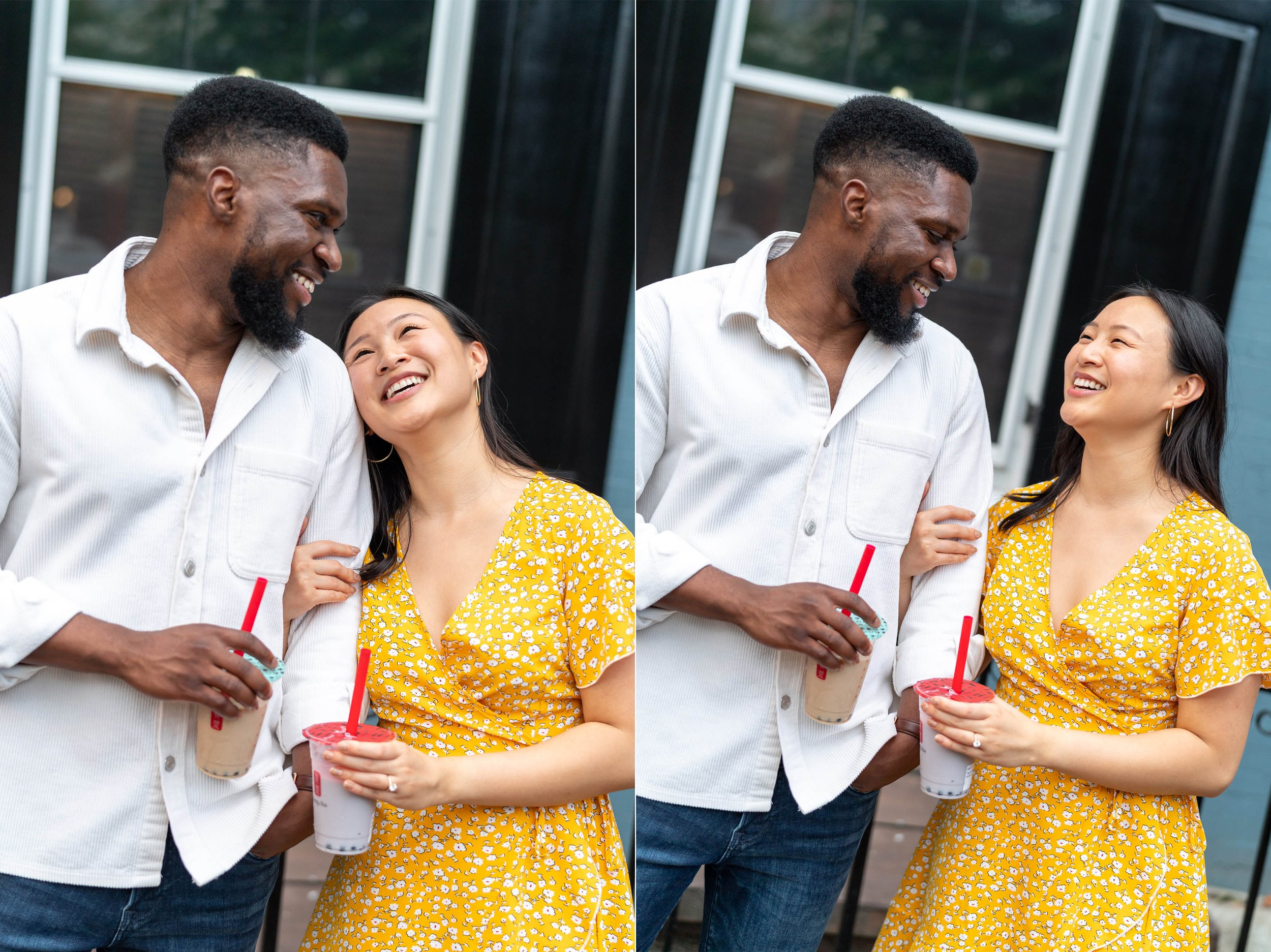 Couple laughs and enjoys boba tea in DC's Georgetown engagement session