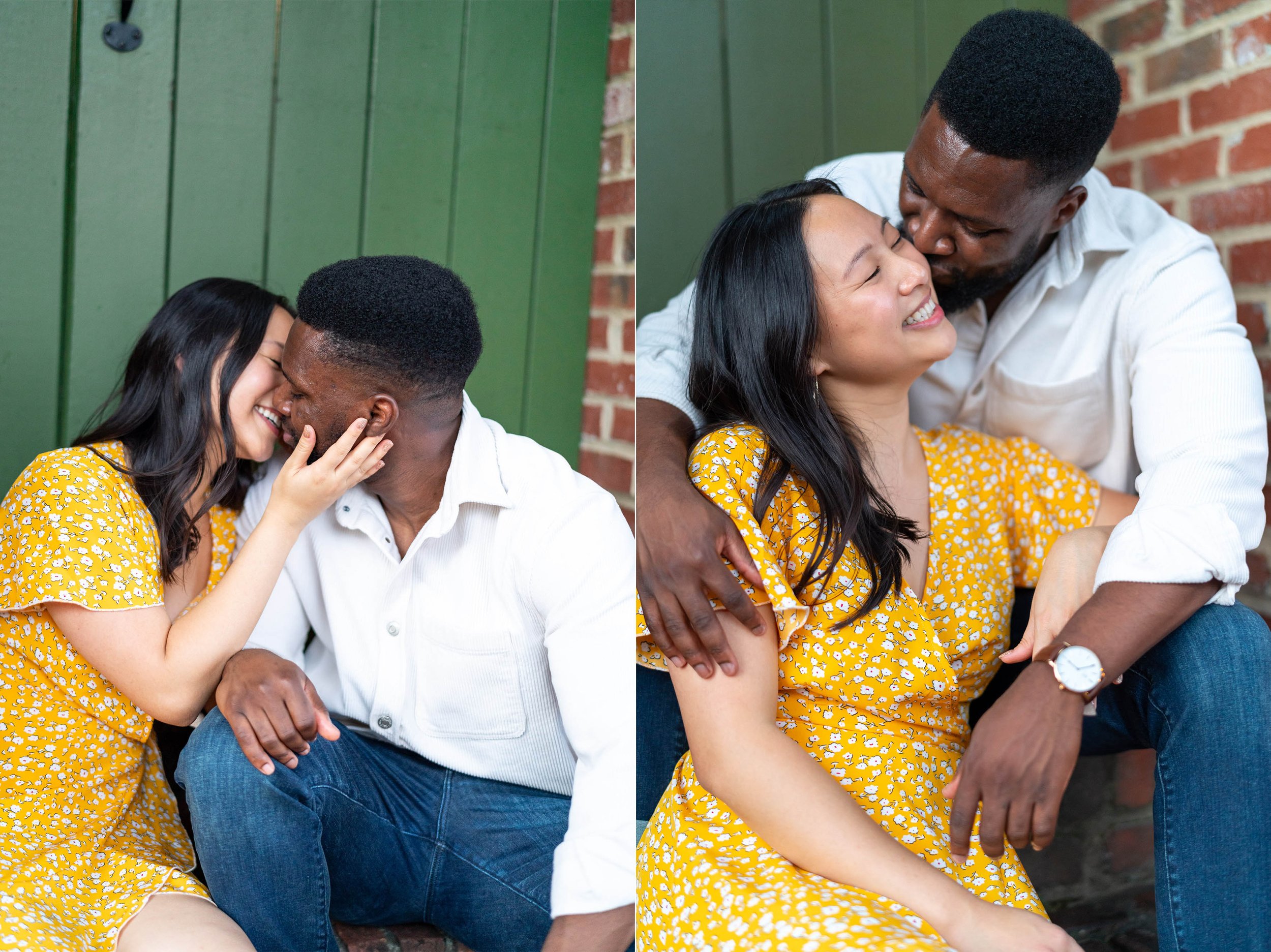 Bride and groom engagement session on stoop in Georgetown dc