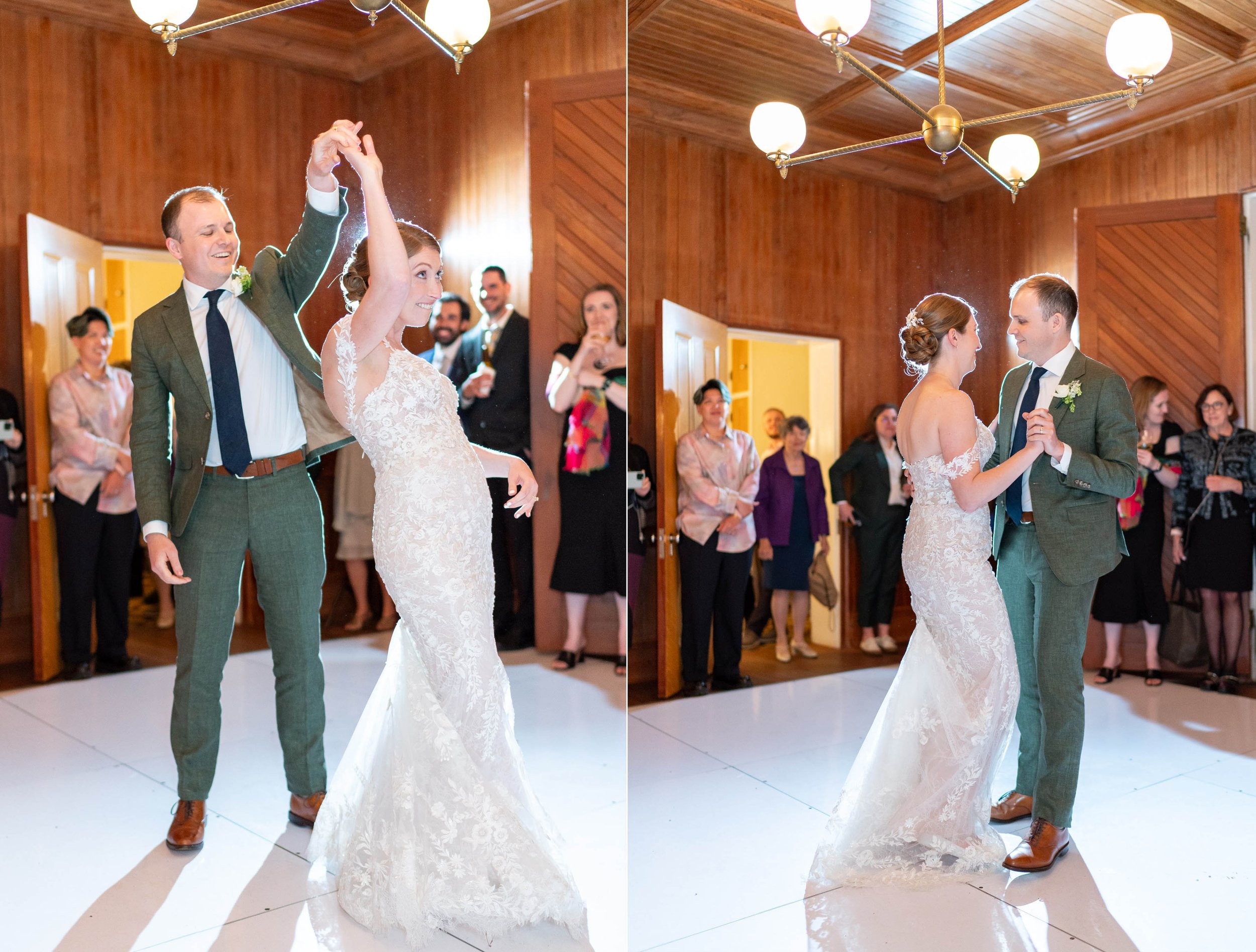 bride and groom first dance inside historic Lincoln's Cottage at elegant summer wedding