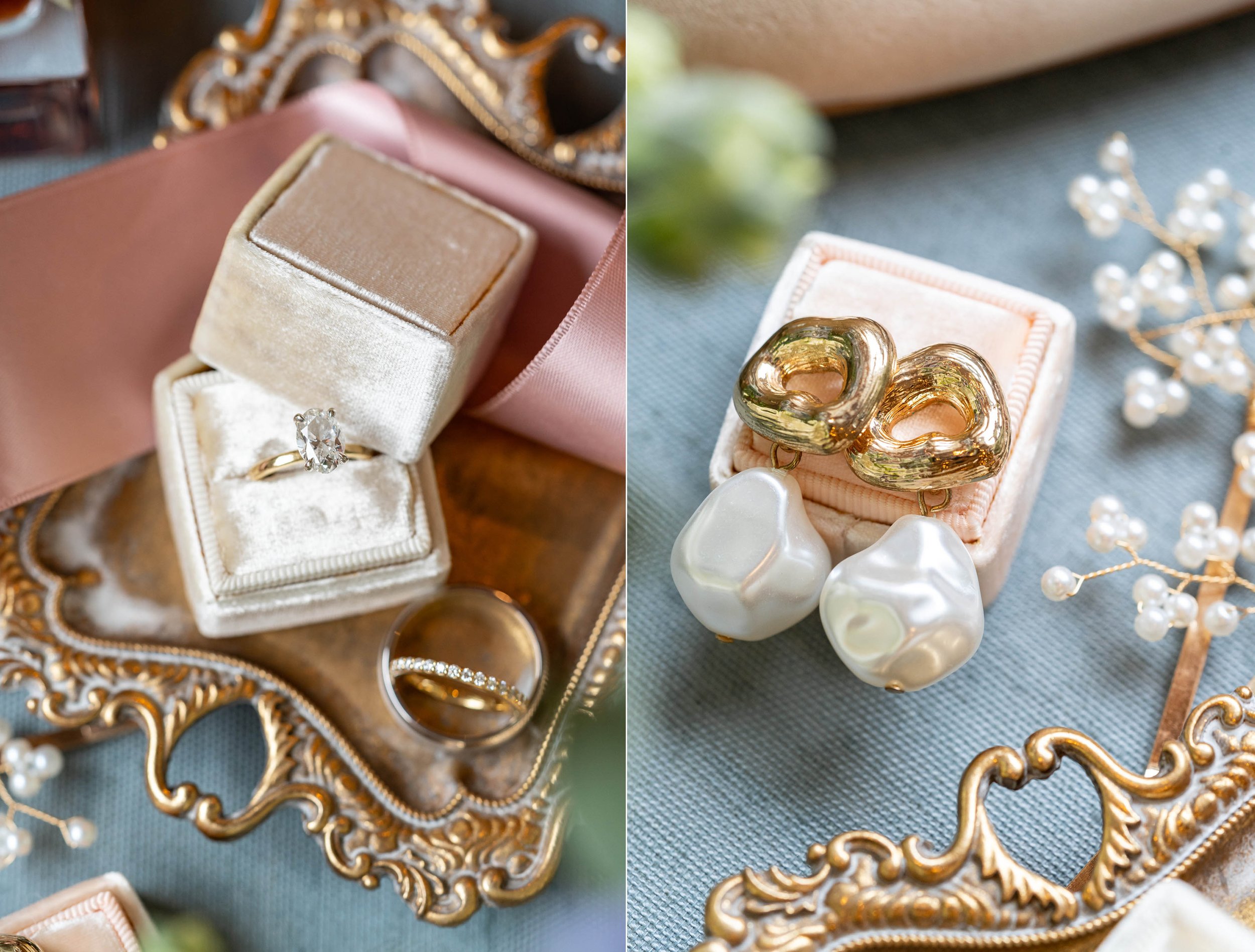 Modern earrings and ivory Mrs Box flat lay photos on gold tray