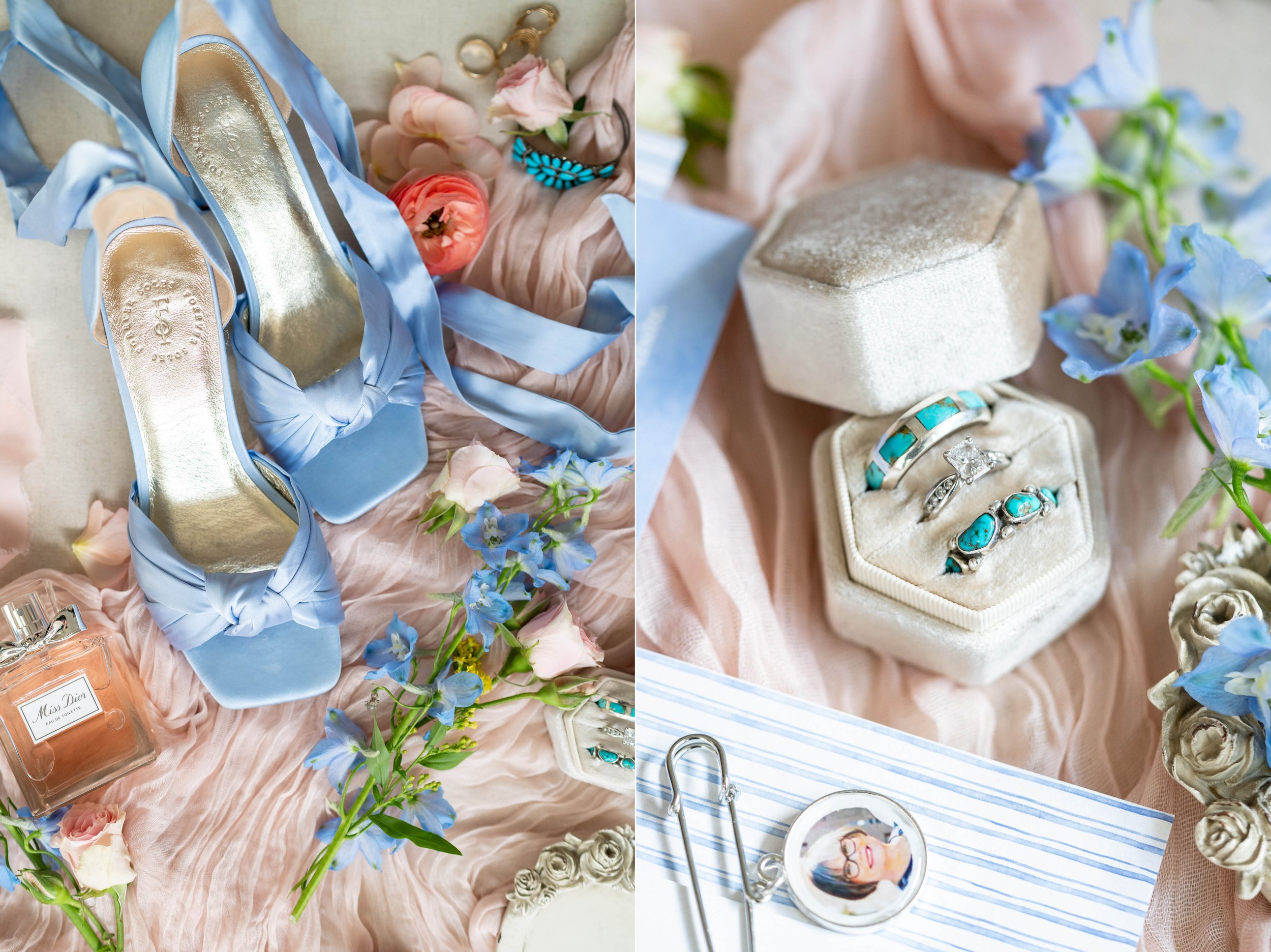 Colorful styling flat lay wedding details with Forever Soles shoes and Mrs boxes