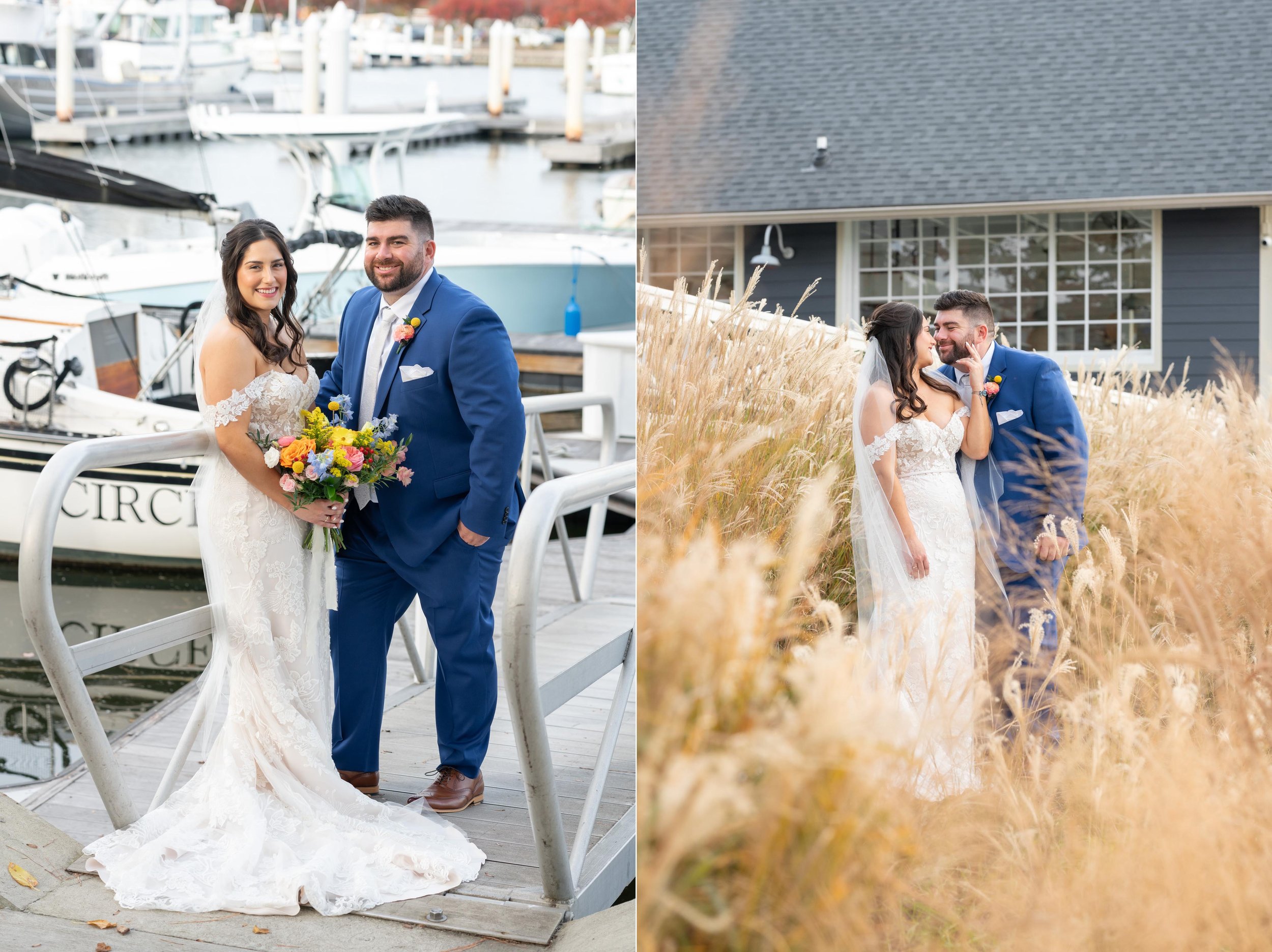 wedding portraits on the pier dock at Chesapeake Bay Beach Club in the fall