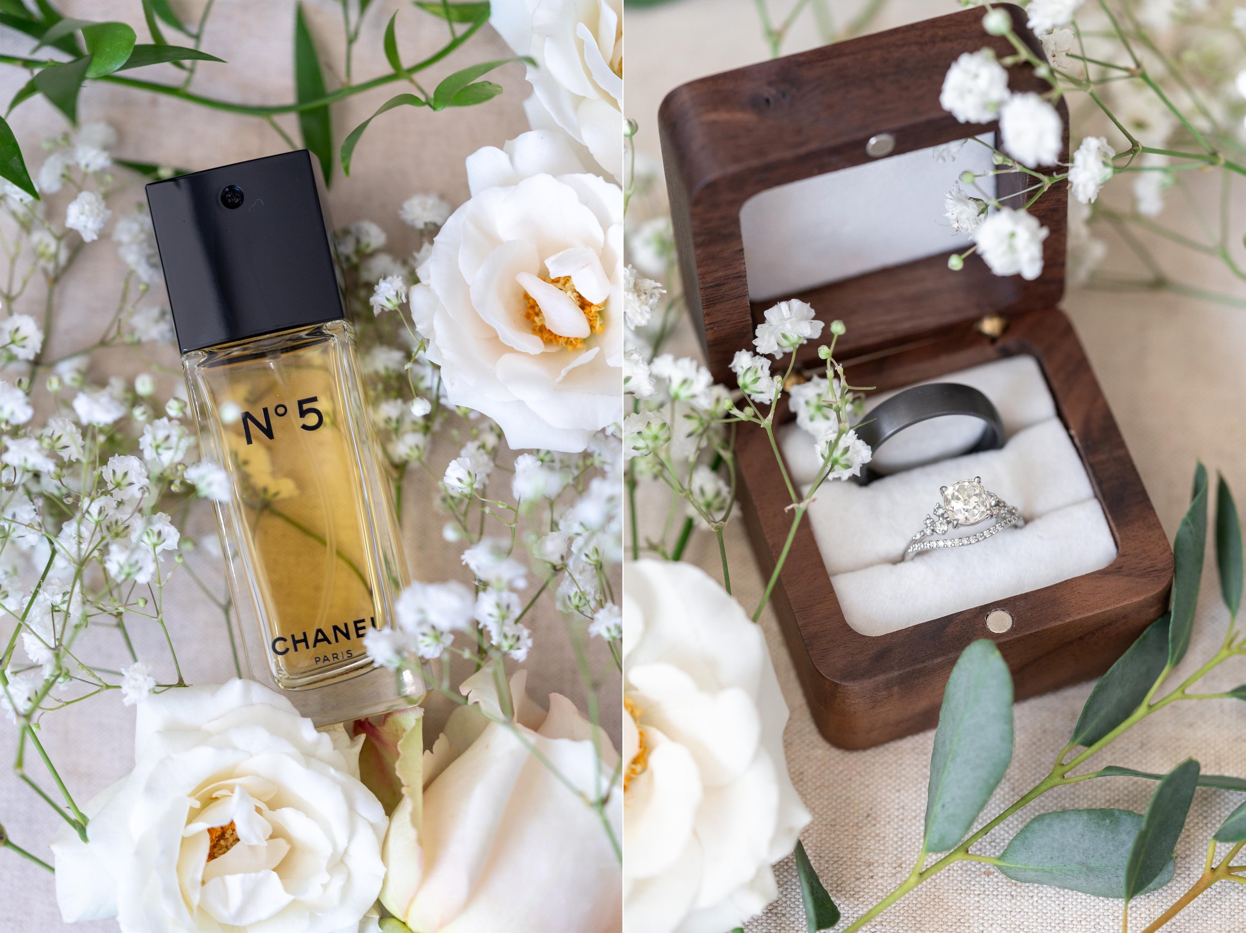 Ring box and Chanel perfume flat lay wedding styling