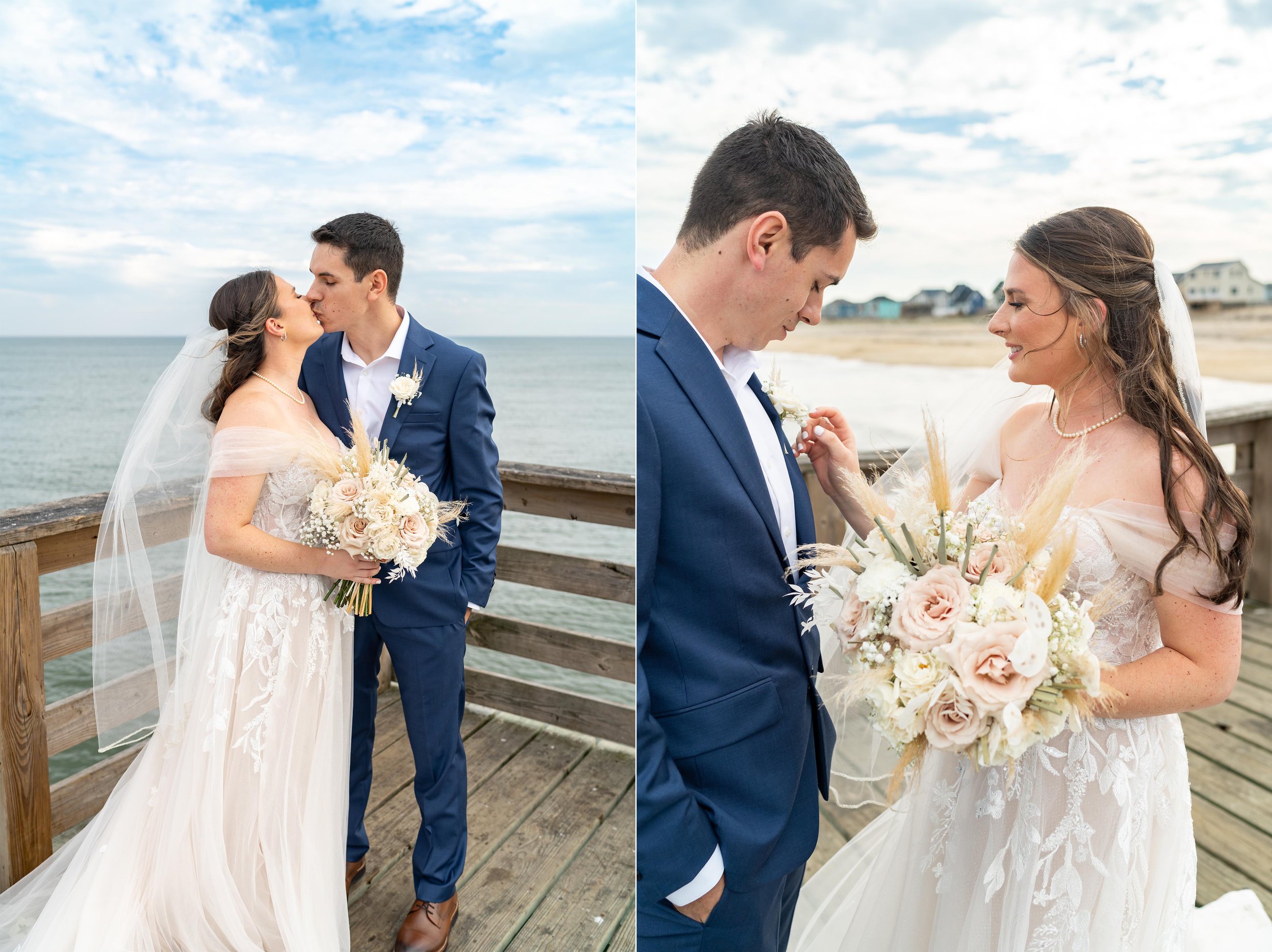 Bride and groom first look on Kitty Hawk Pier wedding photos