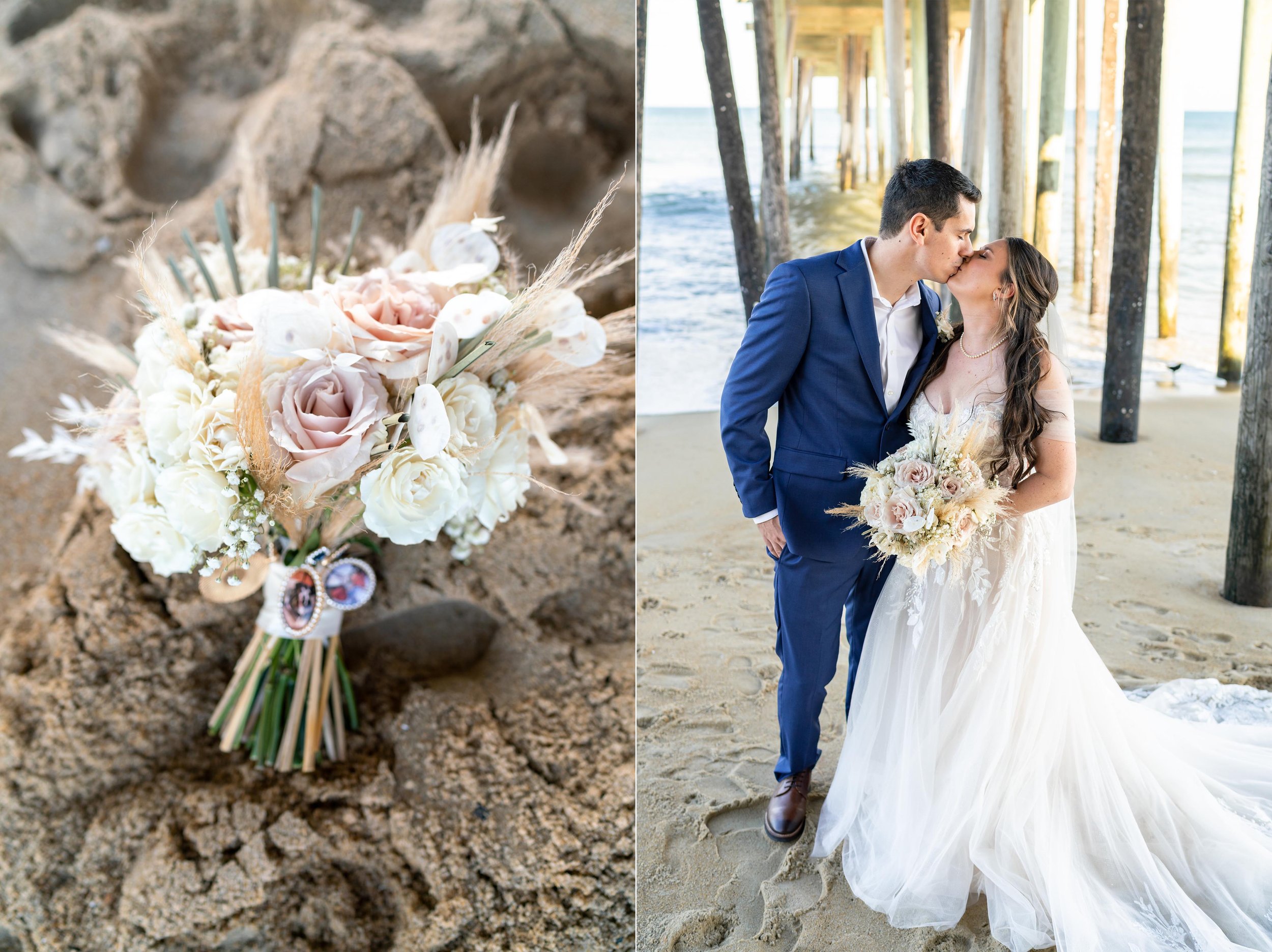 Outer Banks NC wedding photos with bride and groom under pier