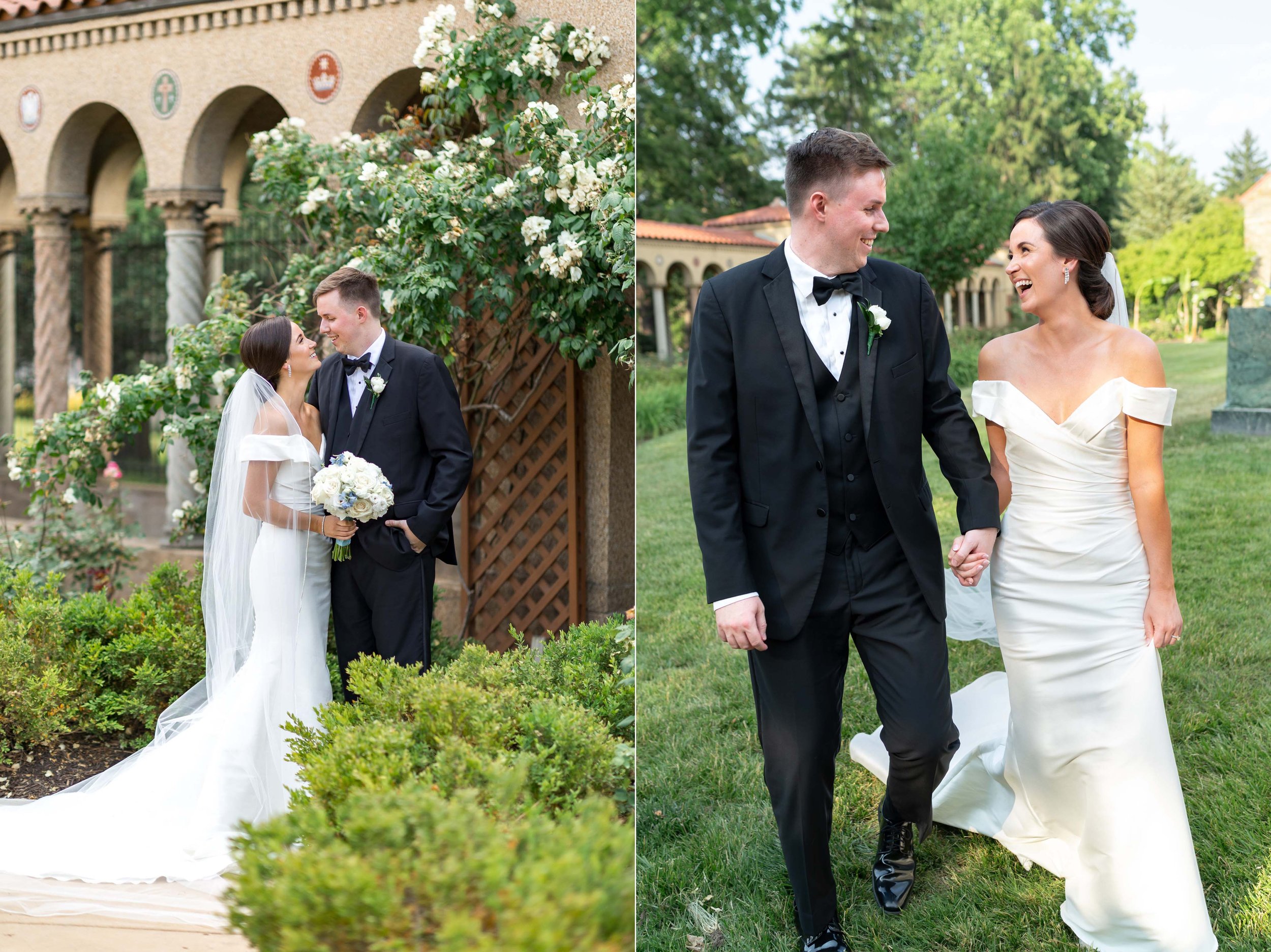 Bride and groom rose garden portraits summer St. Francis Hall