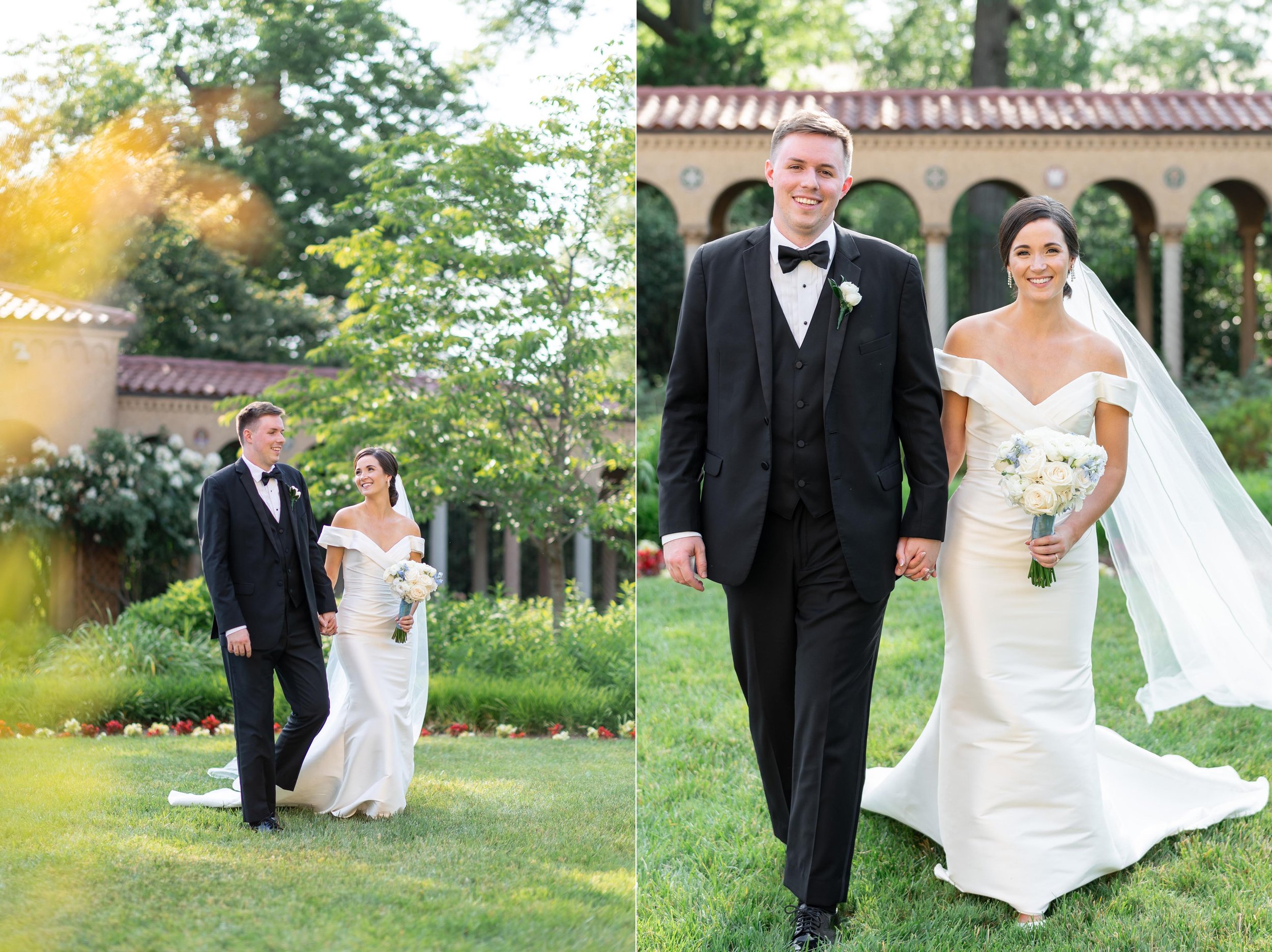 Bride and groom summer portraits at St Francis Hall assisi Washington DC arches tunnel