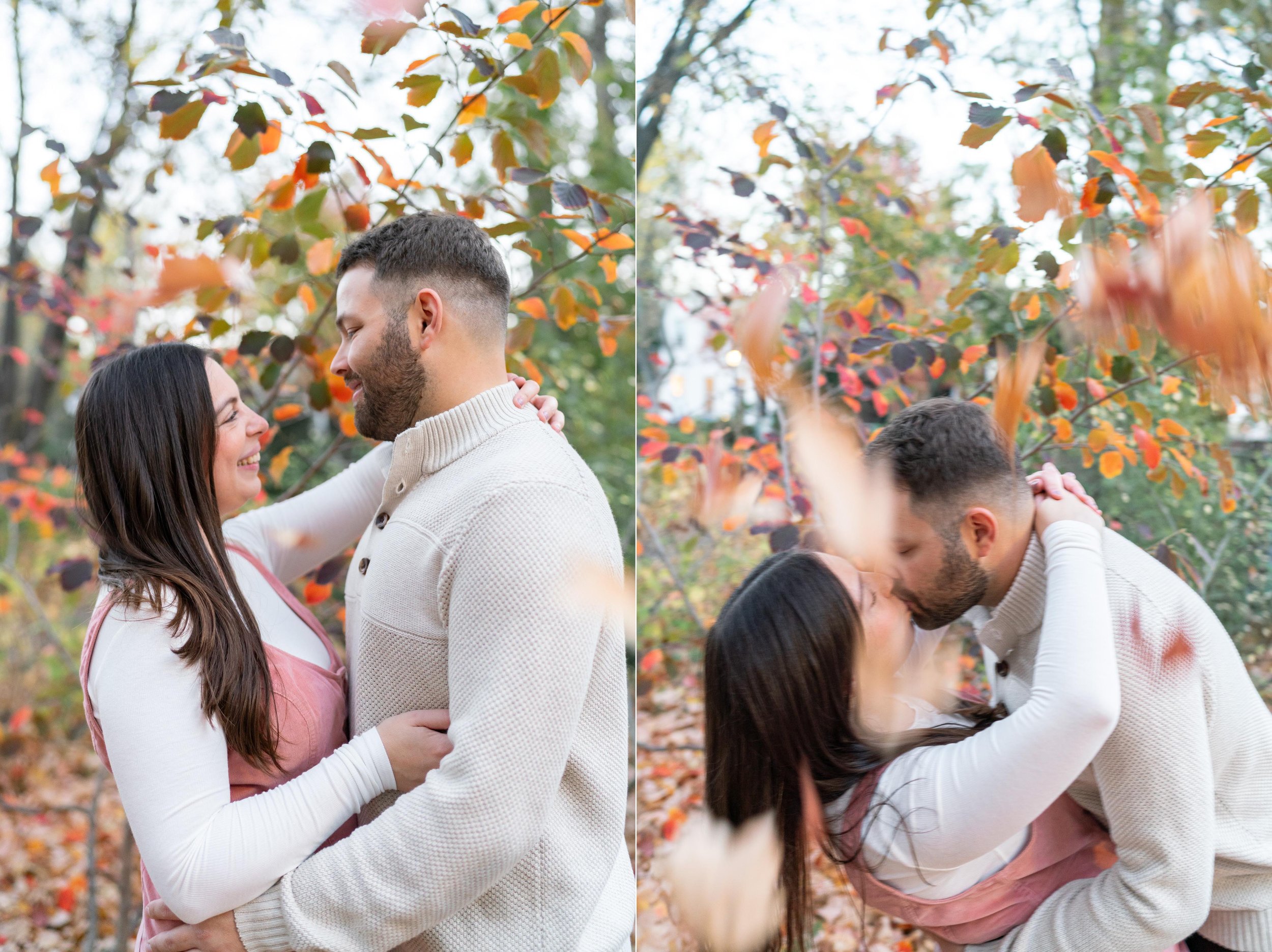 Couple throwing leaves at Carlyle House in Old Town Alexandria in the fall 