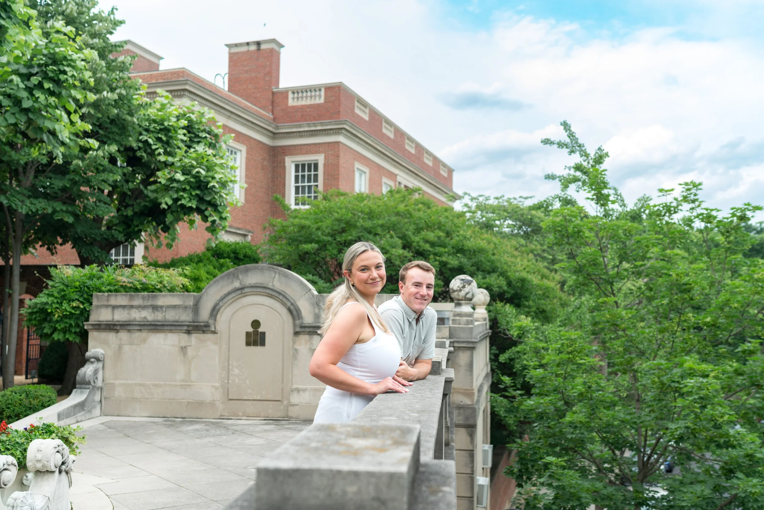 Bride and groom engagement photos on the balcony at meridian house dc