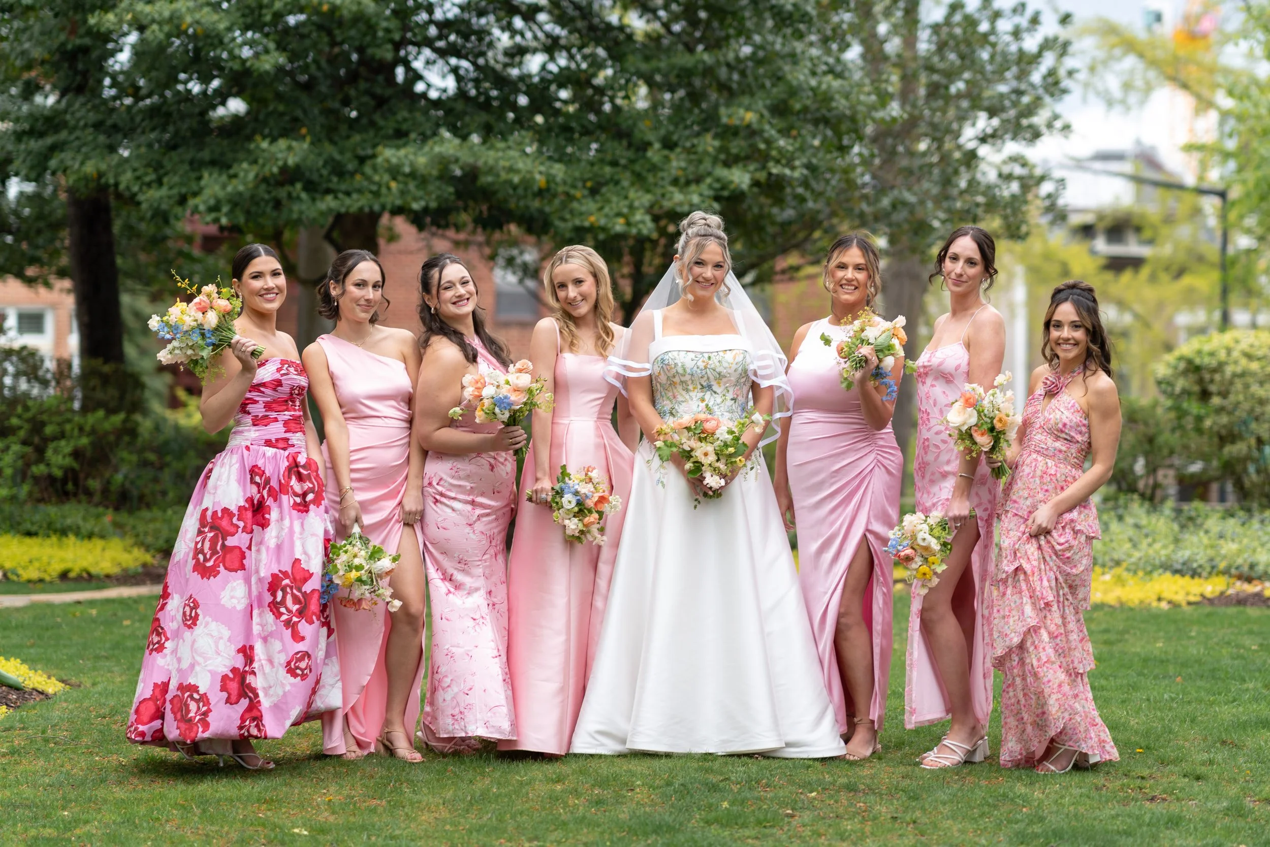 Pink bridesmaids mix and match dresses meridian house wedding