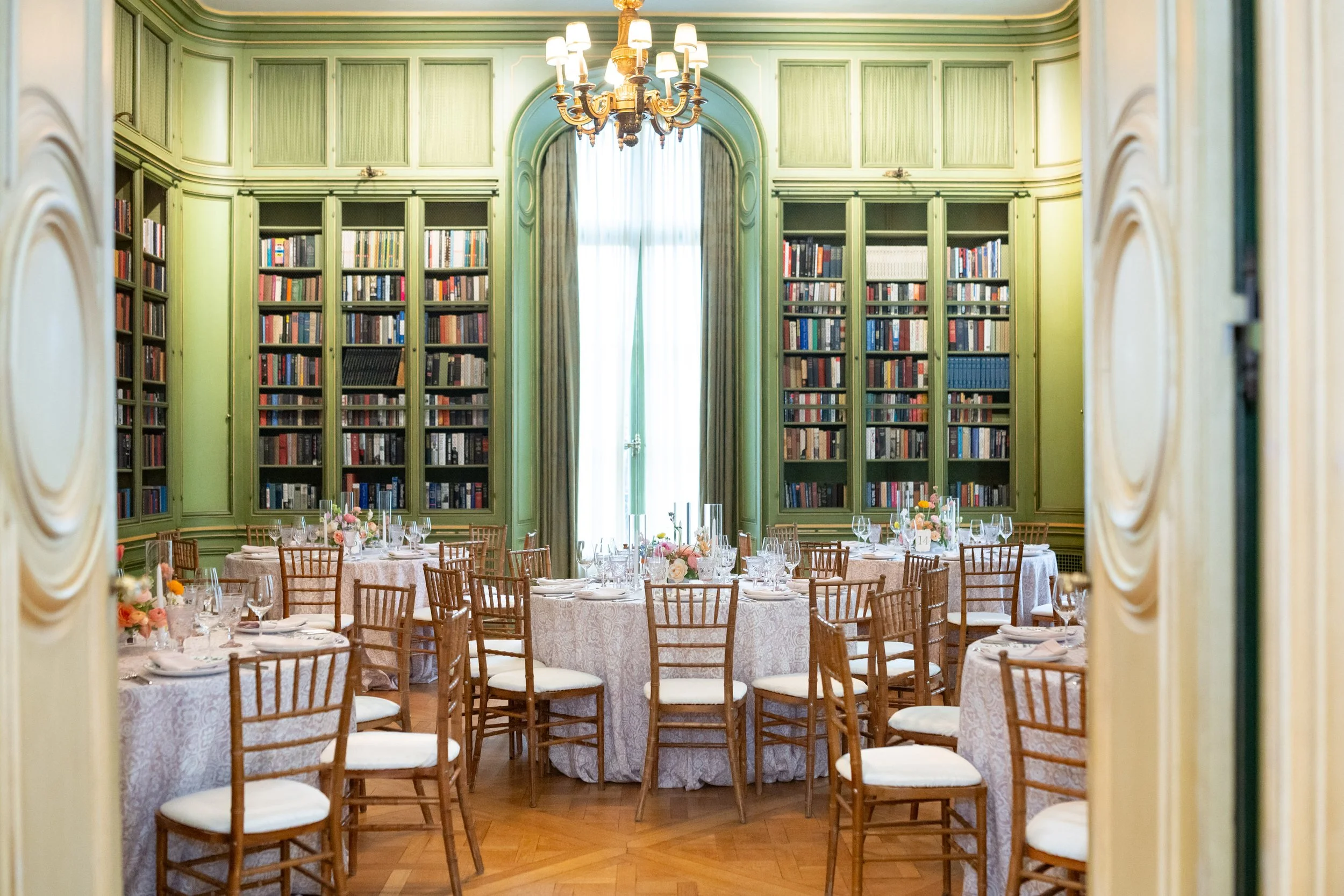 Green room library dinner reception set up at Meridian House in DC