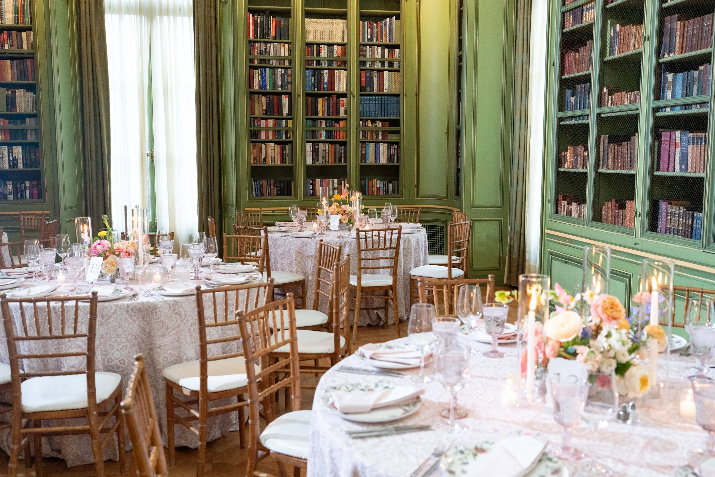 Green room library dinner reception set up at Meridian House in DC