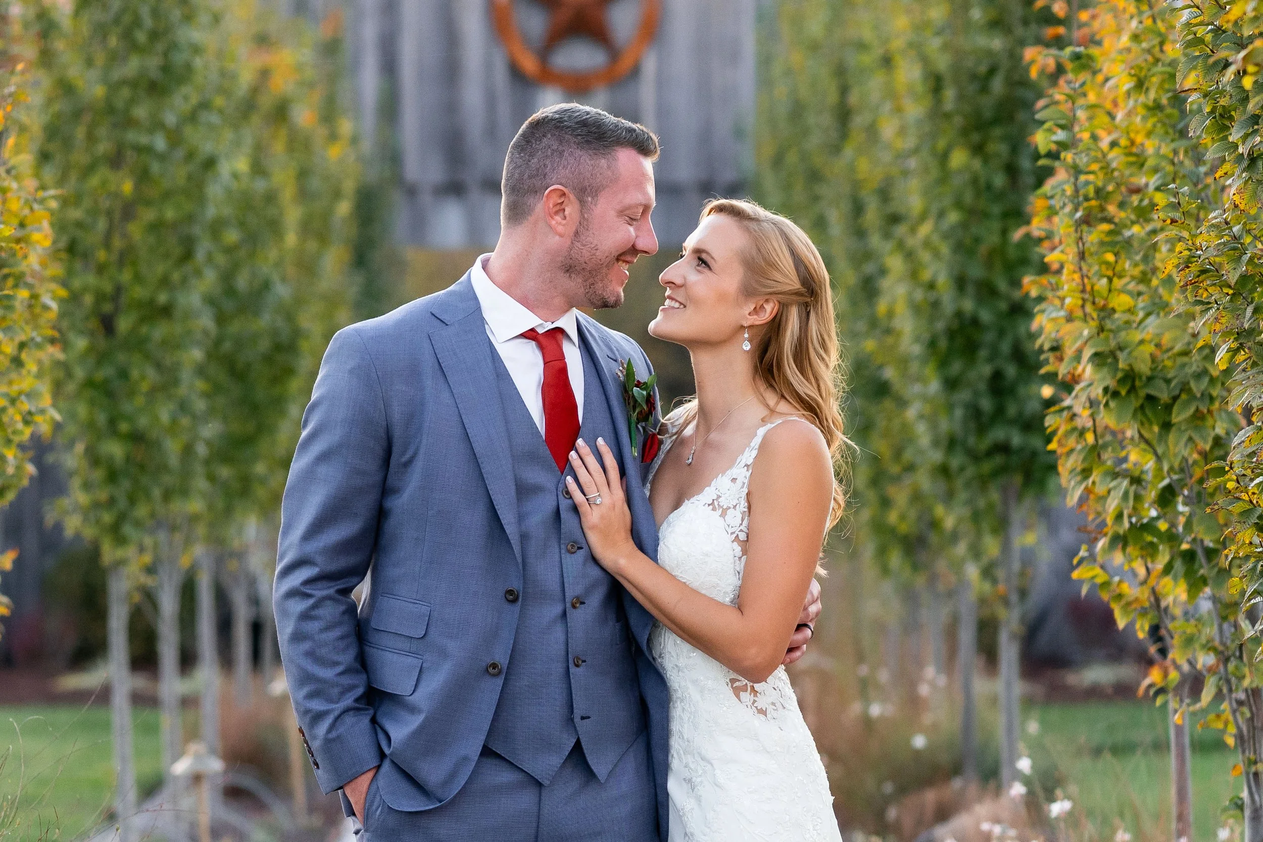 Amazing and colorful romantic wedding portraits at sunset in the fall at Hilltop Farm in virginia