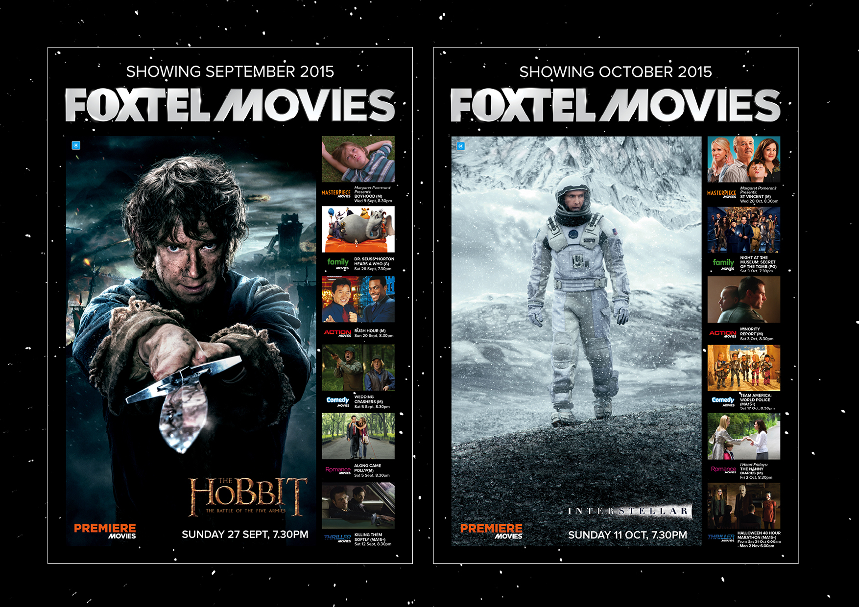 FOXTEL MOVIES monthly what's on posters.