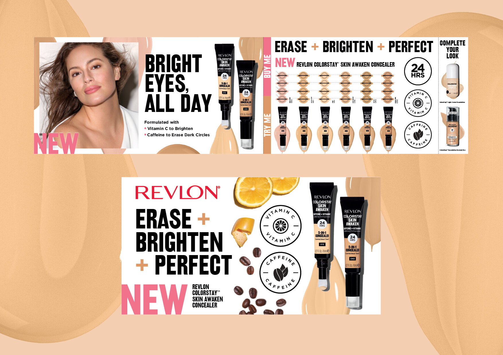 🍊☕️ ERASE + BRIGHTEN + PERFECT : I had the pleasure of working on the latest creative launch of the NEW Revlon ColorStay Skin Awaken™ Concealer. ❤️ Print, Digital and Merchandising Point Of Sale creative @evakossoffdesign xo