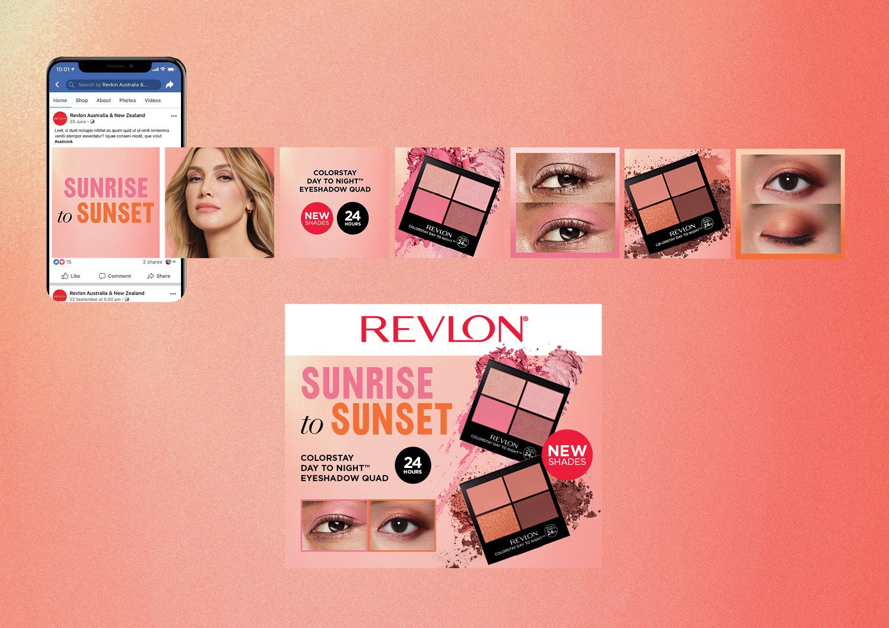 🔥 SUNRISE TO SUNSET - Introducing Revlon’s NEW ColorStay Day to Night Eyeshadow Quad creative. Colour me happy - point of sale design, advertising, digital and merchandising creative @evakossoffdesign xo