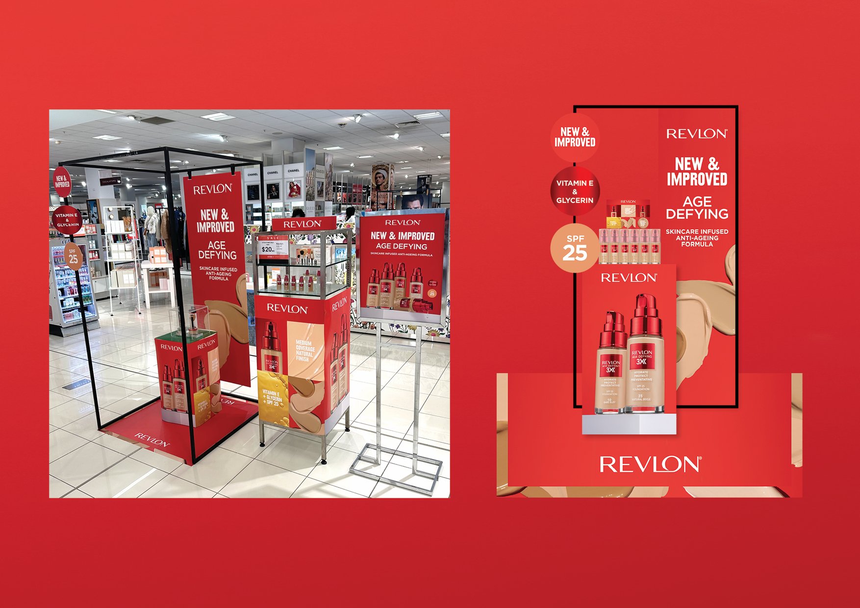 ❤️ IT’S LIVE! So excited to present Revlon + MYER’s latest creative installation showcasing the NEW & IMPROVED Revlon Age Defying Foundation. Our latest campaign is showcasing this month in Myer nationwide. POS, merchandising, lightboxes and dig