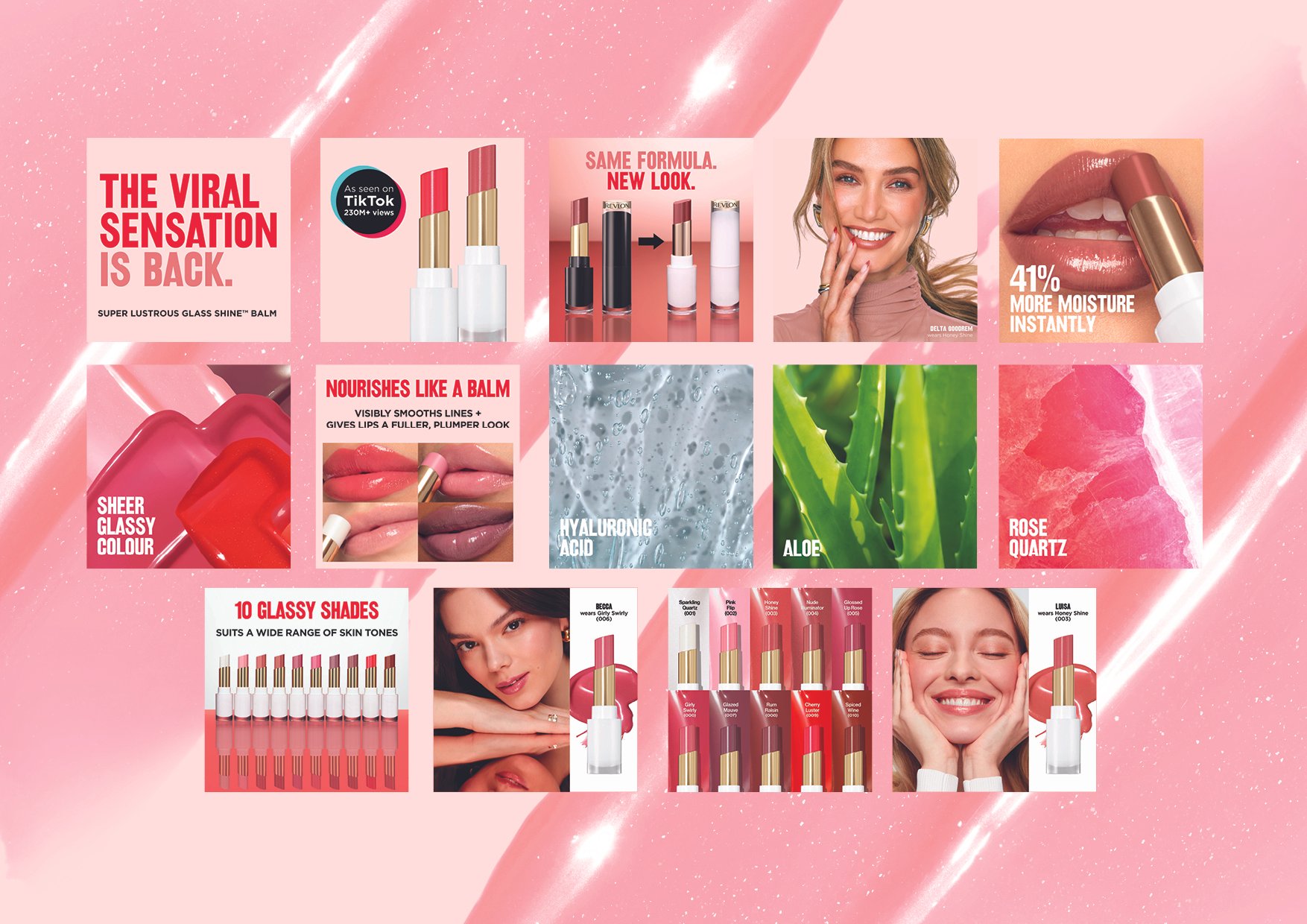 🤍✨ The viral sensation is back! Presenting Revlon’s latest Super Lustrous Glass Shine campaign creative. Same formula. New look. Print advertising, point of sale and merchandising design, PR and digital creative @evakossoffdesigns 