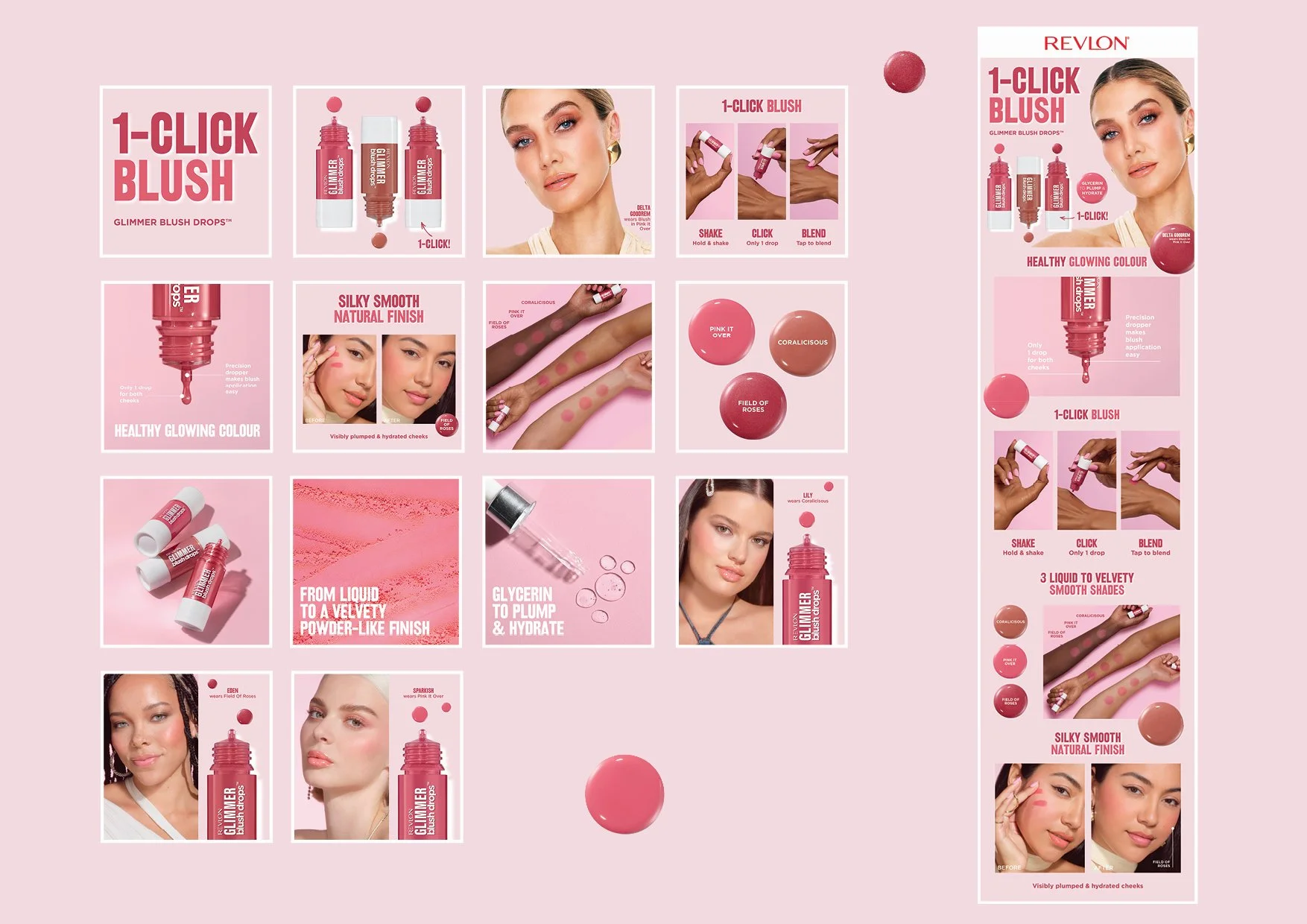  🥰💖&nbsp;That perfect pop of colour! Introducing Revlon’s NEW Glimmer Blush Drops campaign creative. Print advertising, point of sale and merchandising design, PR and digital creative&nbsp; @evakossoffdesigns &nbsp;xo 