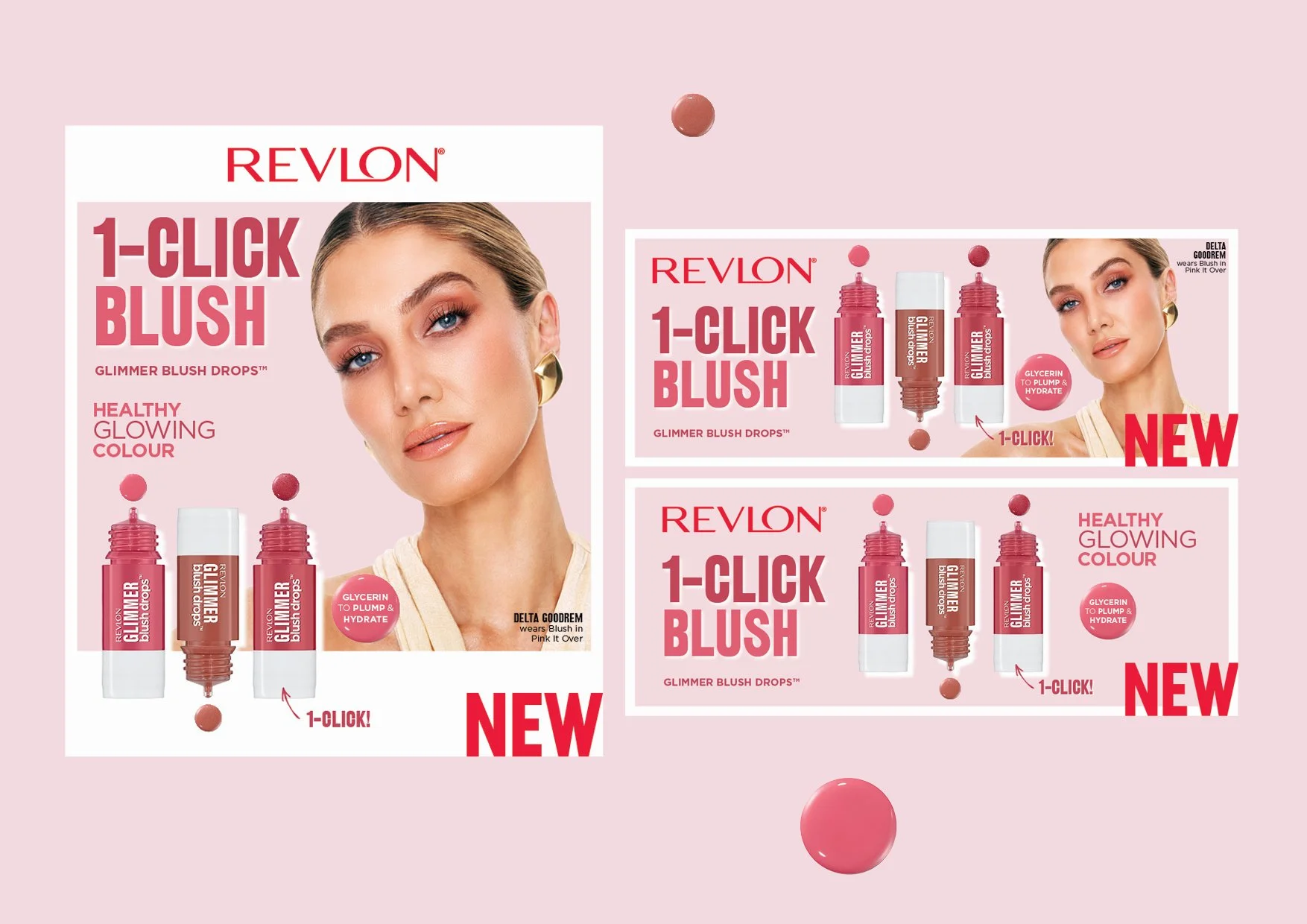  🥰💖&nbsp;That perfect pop of colour! Introducing Revlon’s NEW Glimmer Blush Drops campaign creative. Print advertising, point of sale and merchandising design, PR and digital creative&nbsp; @evakossoffdesigns &nbsp;xo 