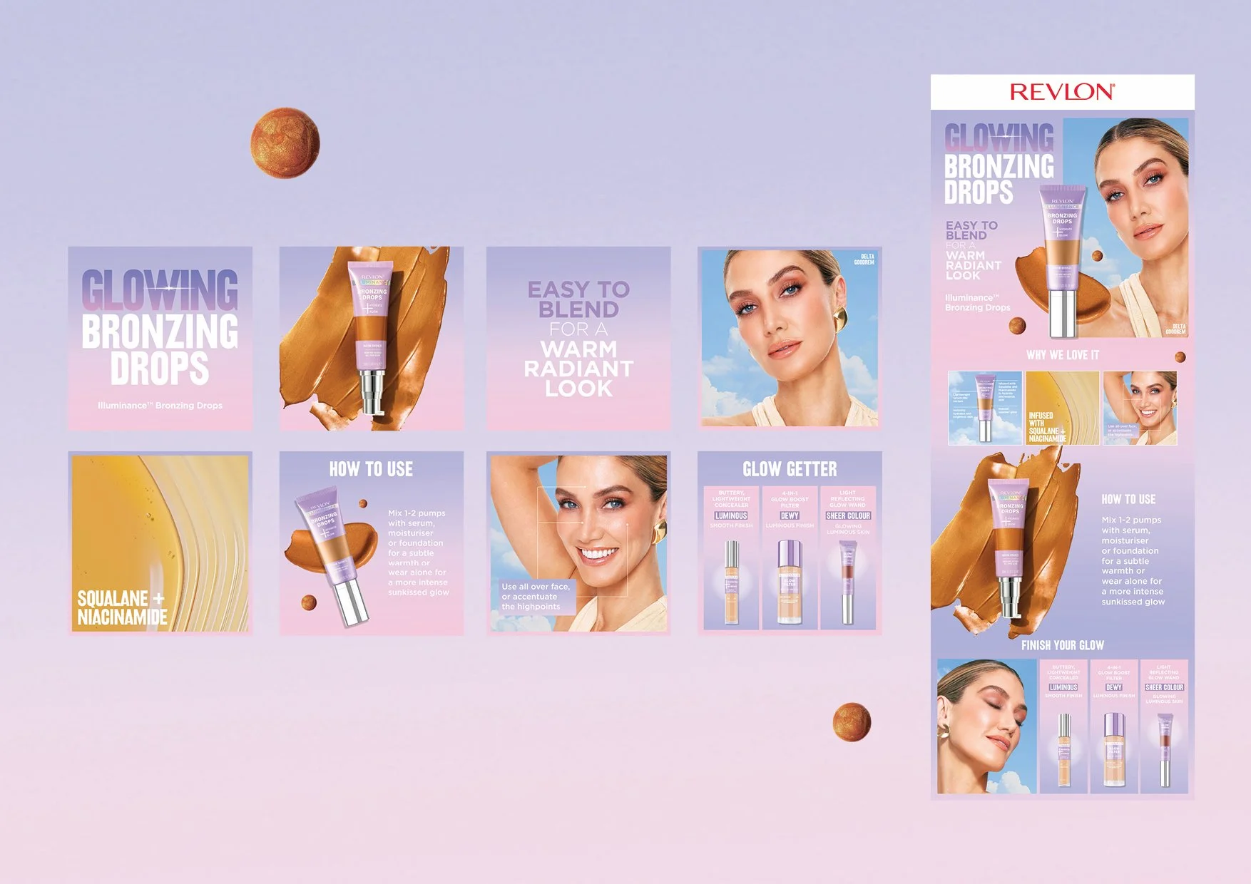  ☀️&nbsp;Add a little summer glow! Showcasing our latest Revlon Illuminance Bronzing Drops launch campaign. Creative&nbsp; @evakossoffdesigns  &nbsp;xo Print, POS and  merchandising design, PR and digital creative.&nbsp; 