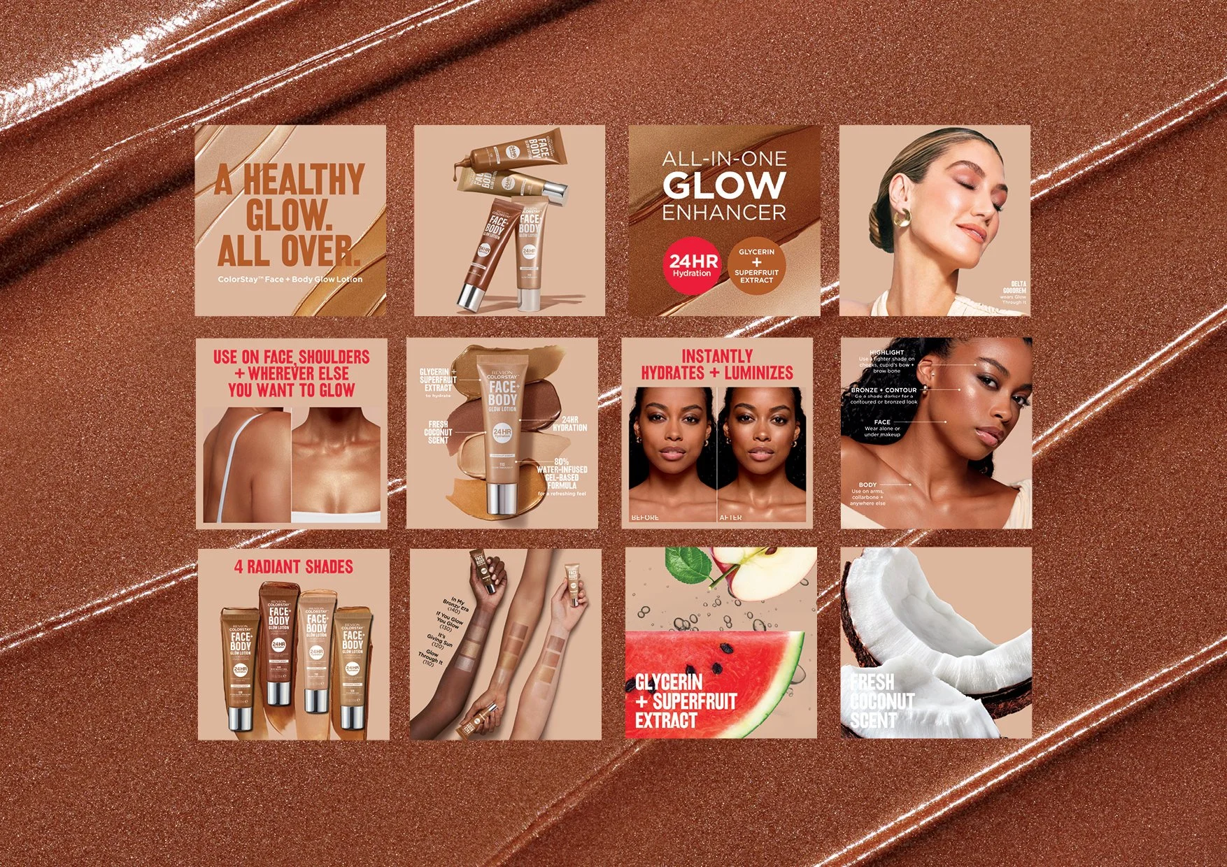  Ready. Set. Glow! ☀️✨🥥 Our latest Revlon campaign creative launch for ColorStay Face + Body Glow Lotion is LIVE! Print advertising, point of sale and merchandising design, PR and digital creative @evakossoffdesigns xo  
