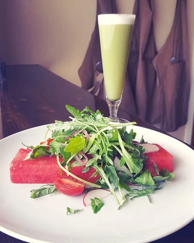 Bring some serious summer vibes to your next meal with our new Watermelon Salad! Fresh arugula, radish, pickled onion, grape tomatoes, watermelon and ginger-yuzu vinaigrette pair well with the Matcha-cha. #cocktailpairing #beattheheat