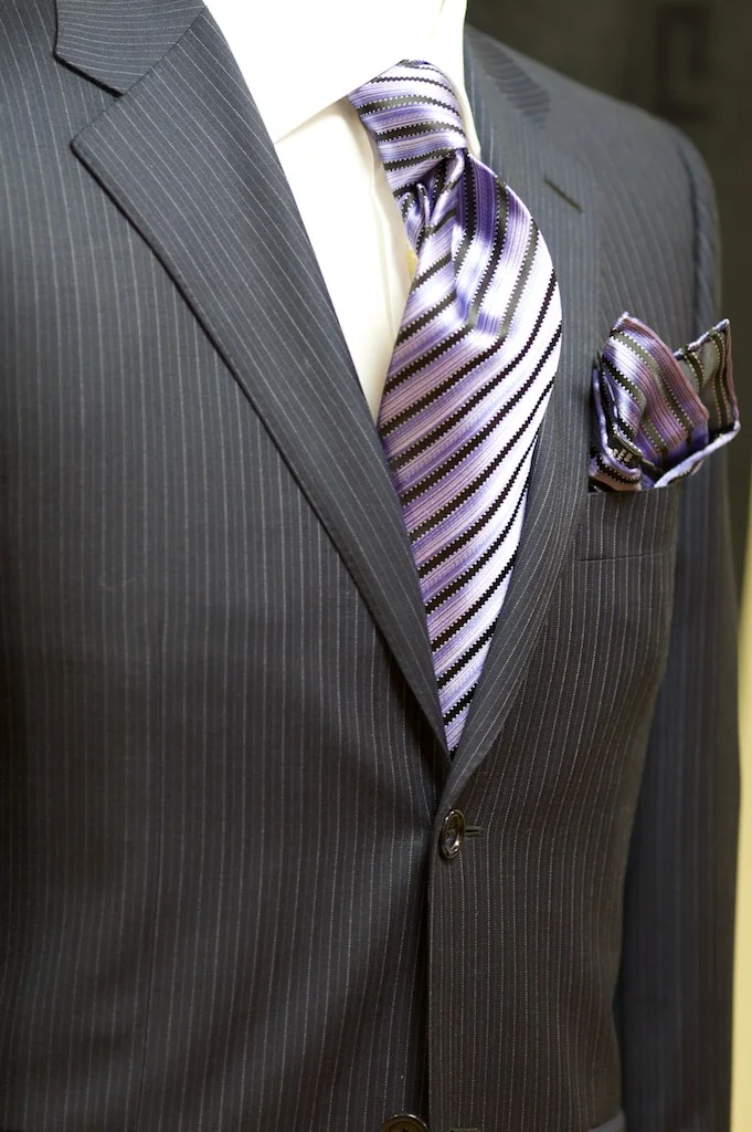 Classic two button, single breasted suit with side vents at the back.