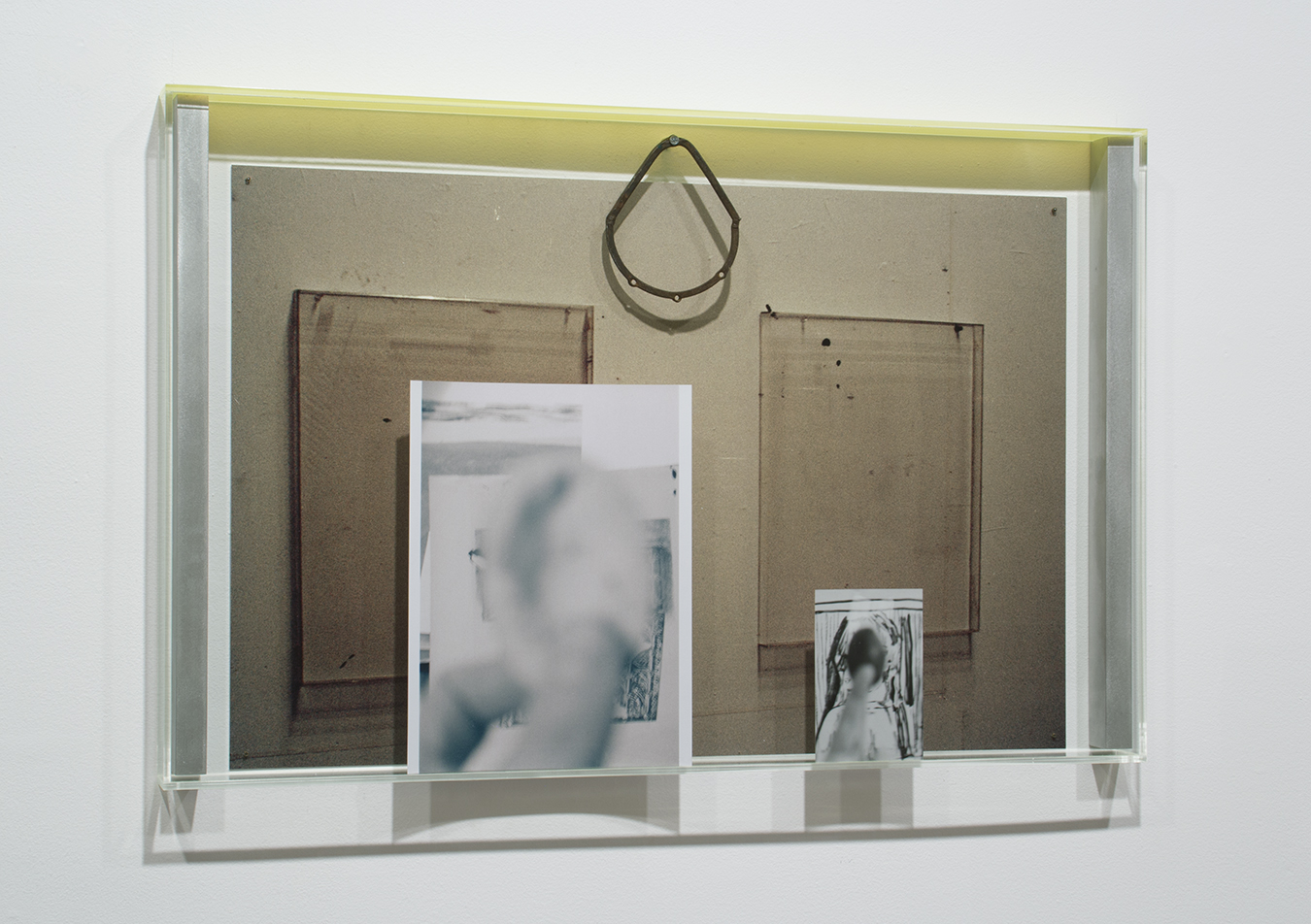 axiomatic, fingered and bent, 2014, dye-sublimation print on aluminum, c-prints, found metal objects, aluminum, acrylic, plexiglas frame, 22" x 34" x 2 1/4"