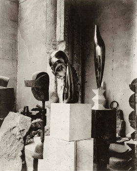 CONSTANTIN BRANCUSI, View of the studio: Plato, Mademoiselle Pogany II, and Golden Bird, c. 1920, gelatin silver print, 11 3/4 x 9 1/2 inches (29.8 x 24.1 cm). Private collection © 2014 Artists Rights Society (ARS), New York/ADAGP, Paris. From the exhibition IN THE STUDIO: PHOTOGRAPHS, curated by Peter Galassi, at Gagosian Gallery, FEBRUARY 17 - APRIL 18, 2015