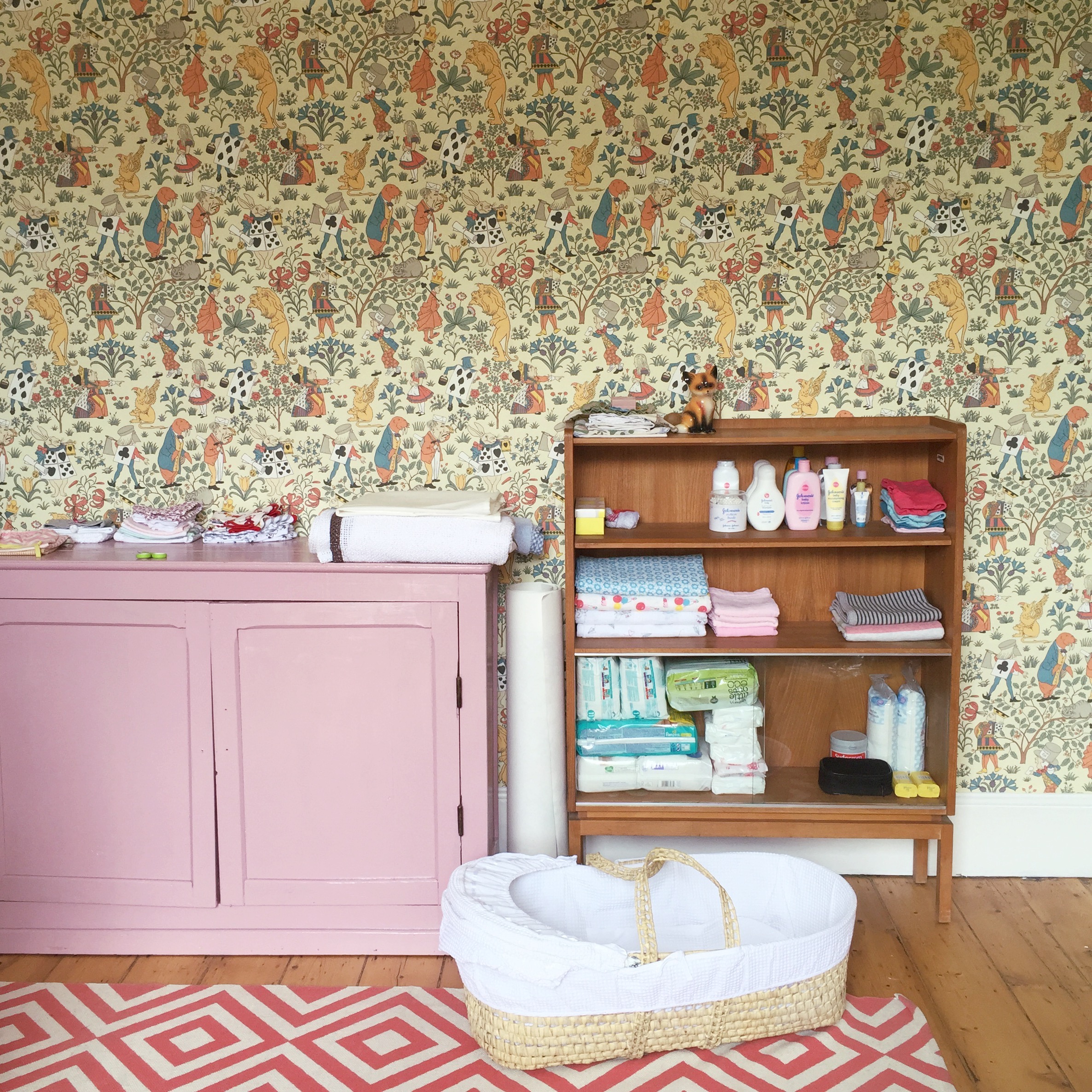 This Alice in Wonderland wallpaper should have an entire blogpost dedicated to it! I discovered the designs of Charles Voysey online and found the company in the USA that produces the patterns both by the hand silk screening process and the new digital technology, Trustworth Wallpaper . I didn't have to think twice about buying it! It was very expensive and the import tax was something I didn't plan for. The day came that my mum and my Aunt Jackie were going to put it up. They were scared! The wallpaper was exactly enough for this one wall, so there was no room for error! It was super stressful, but thanks to amazing skills and a good amount of luck and a little help from me, they did it beautifully. 