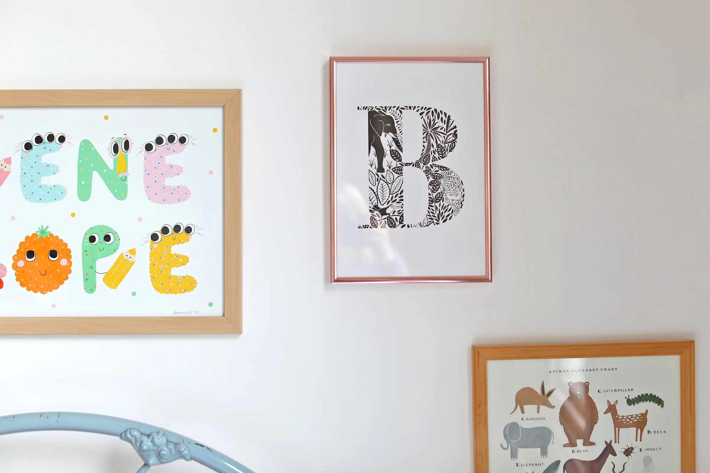 The letter print is from the lovely Lucy Says I Do . The ‘B” is for Beatrix. Animal alphabet print from Rifle Paper Co .