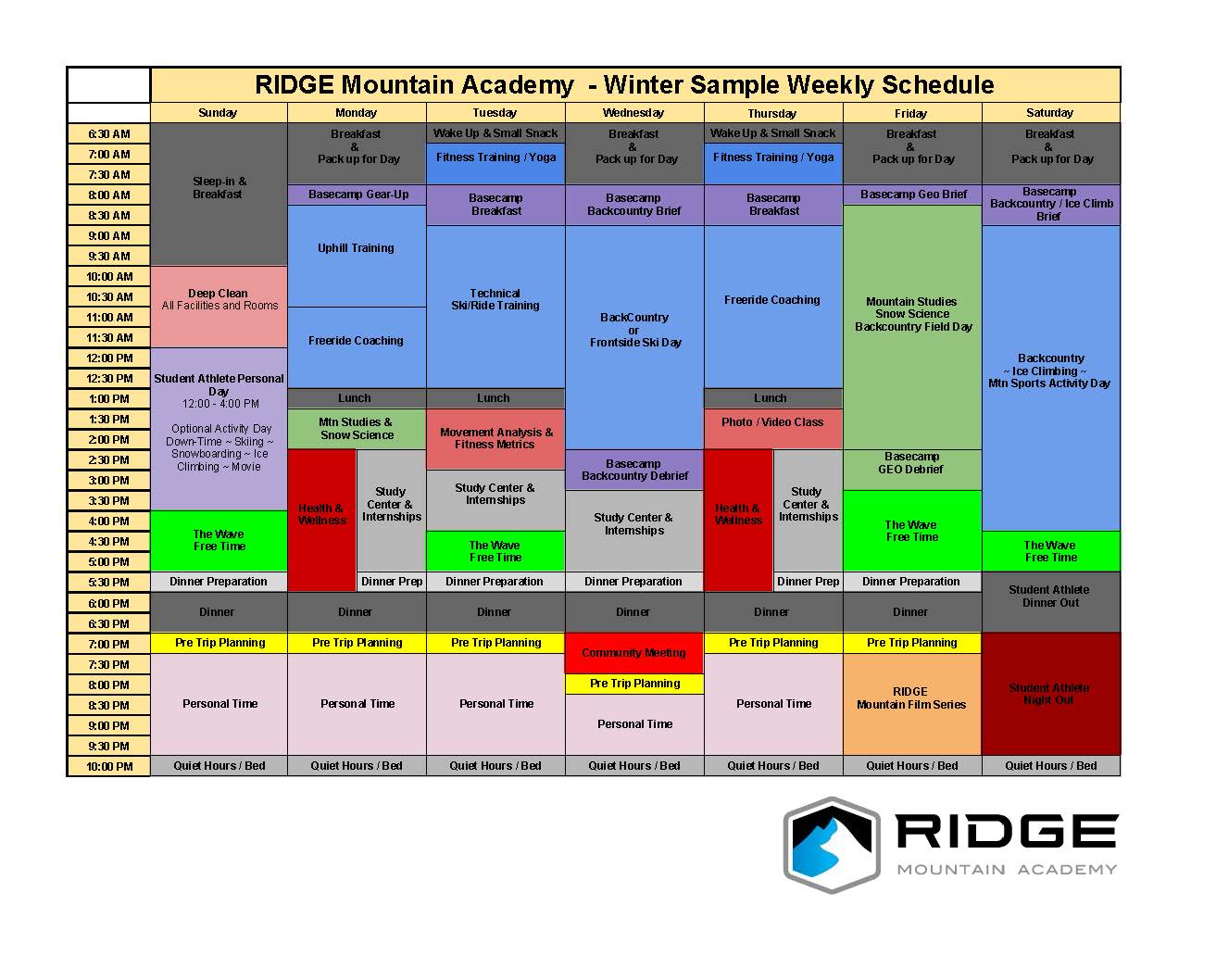 Below is a Sample Schedule of a week at RIDGE