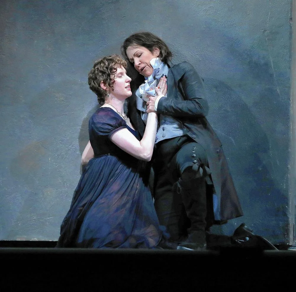 Amanda Majeski (left) plays Vitellia and Joyce DiDonato plays Sesto in a dress rehearsal of Mozart's "La Clemenza di Tito" at the Civic Opera House. (Photo credit: Terrence Antonio James, Chicago Tribune)