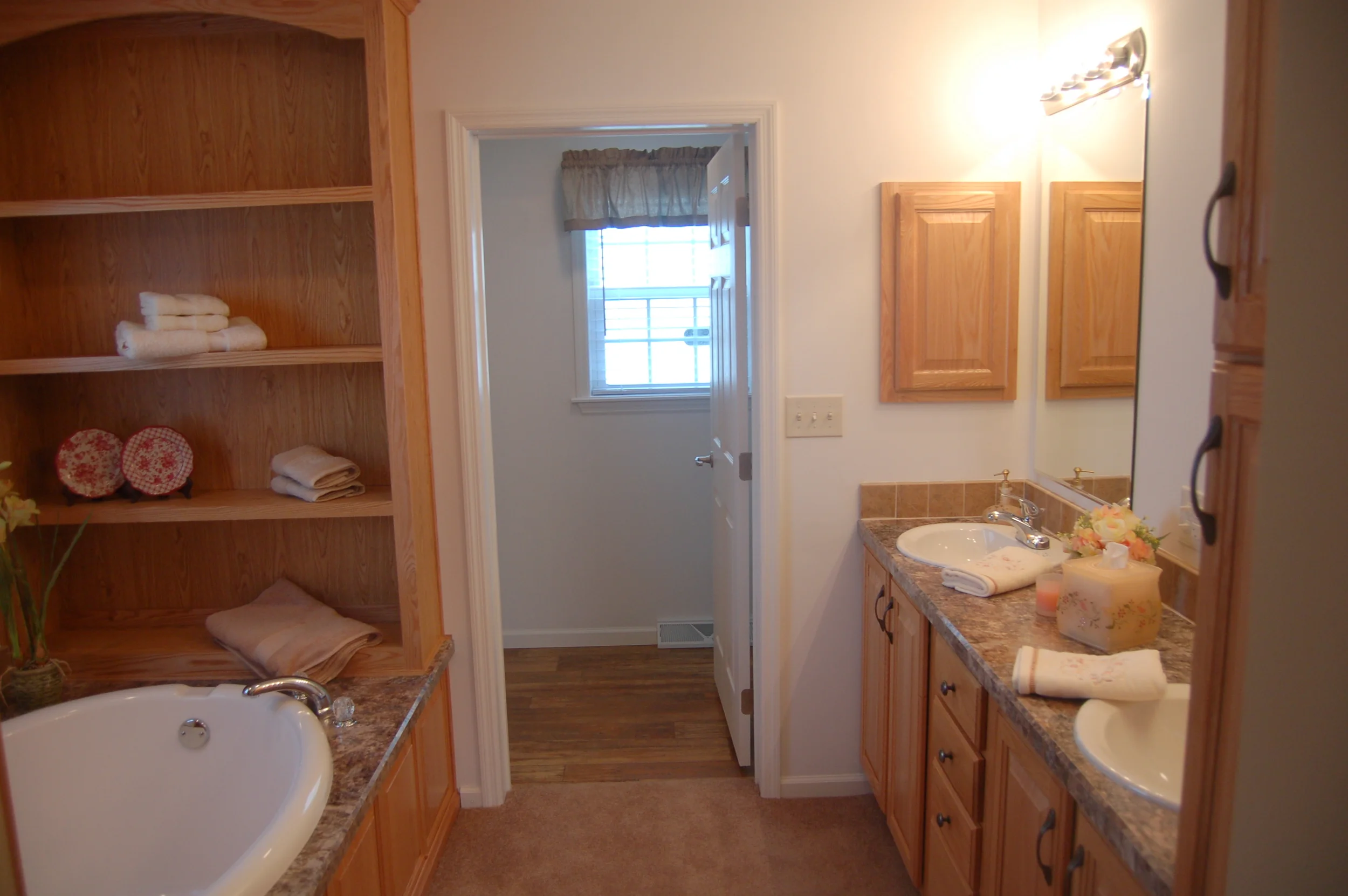 Master Bath Medicine Cabinet, Soaker Tub, and Decorative Shelving (Natural Oak Cabinetry)