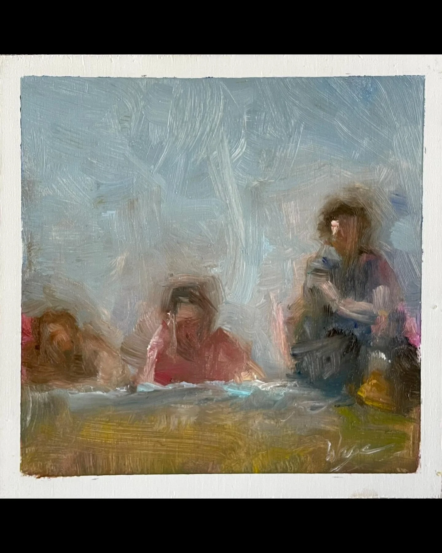 &ldquo;At the River&rdquo;
Oil 6x6
My mom, dad and uncle around 1936-7 probably at Lake Vermillion in Danville Illinois. For some reason my mom was fully dressed in denim overalls while my uncle and dad were laying around shirtless in swim trunks  on