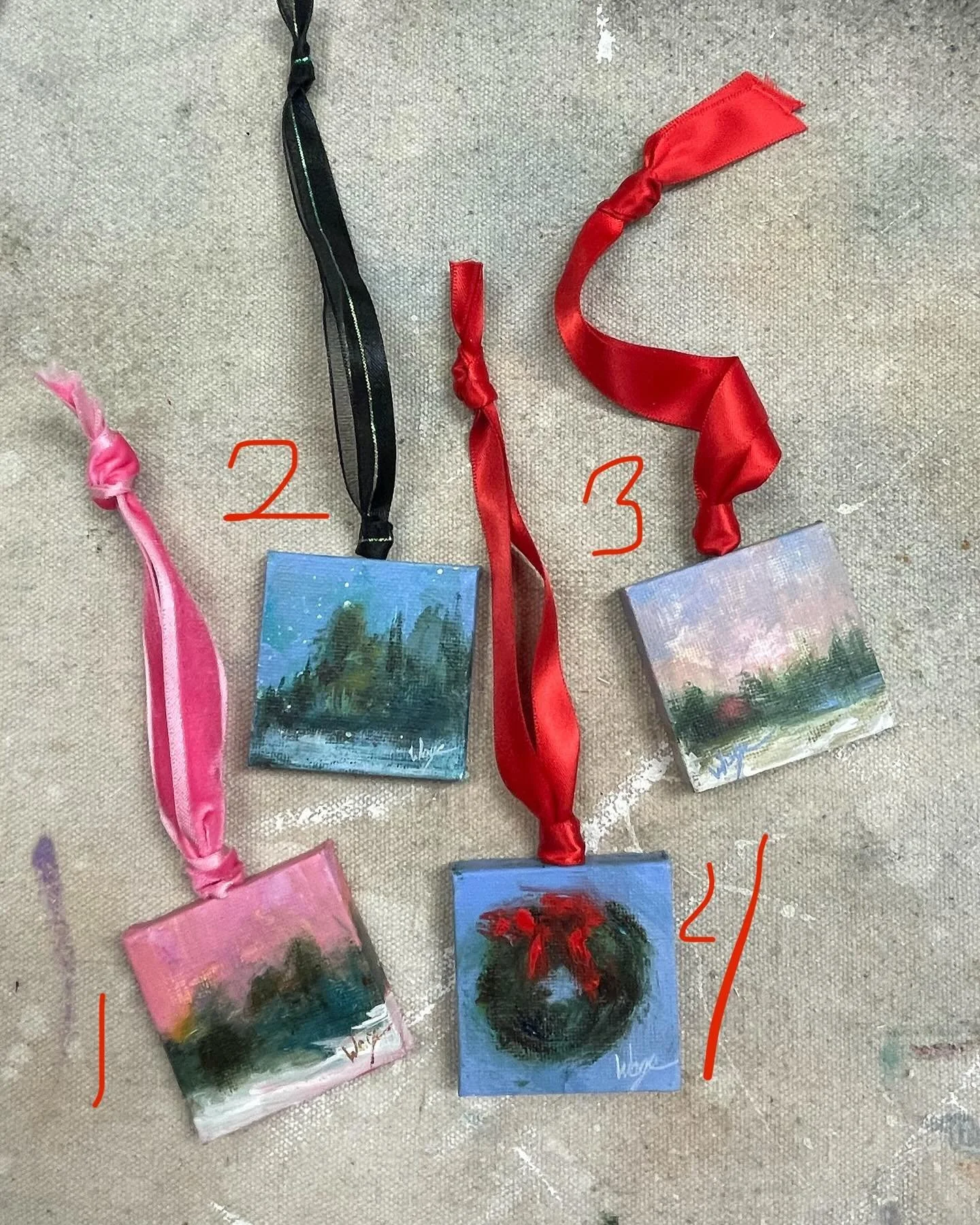 Four new little canvas ornaments. Let me know which ones you want and I&rsquo;ll send you the link to purchase. 
Thanks!!!!