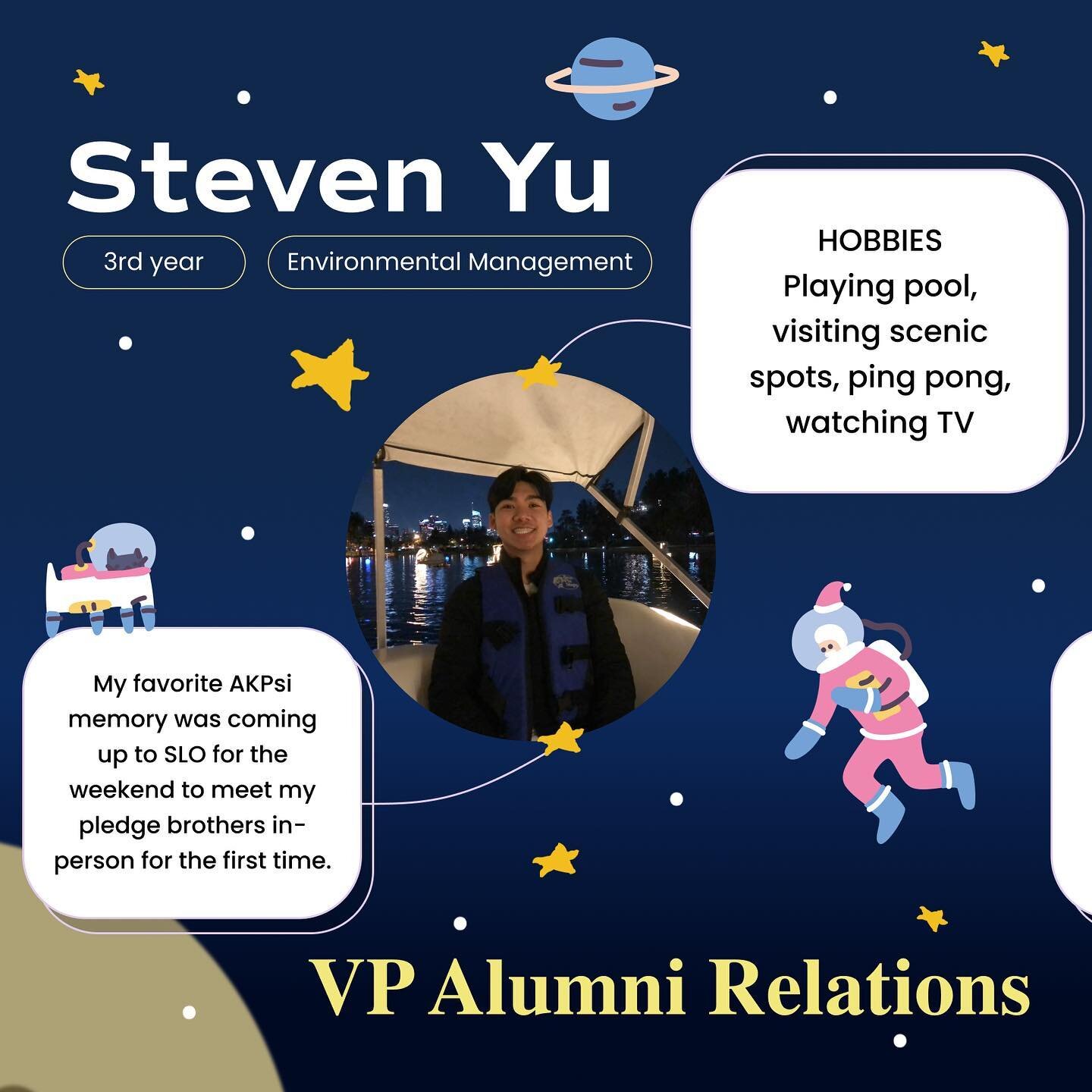 It&rsquo;s time to introduce our executive board for the upcoming year! Here are our Vice Presidents: 

Steven Yu, VP of Alumni Relations
Sarah Cao, VP of Communications
Cameron Chow, VP of Finance 
Brandon Brownell, VP of Technology 
Chloe Peng, Co-