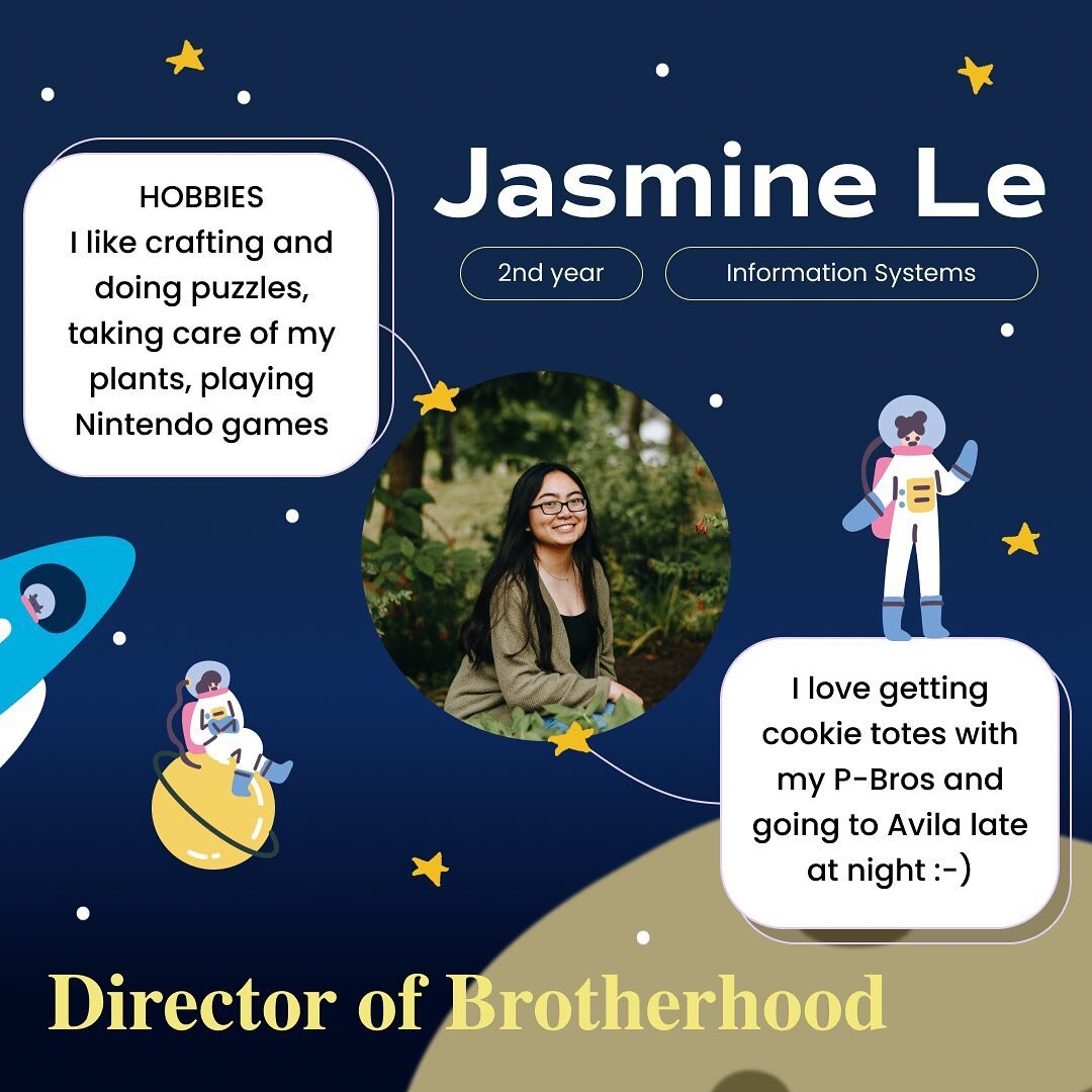 Continuing on with our Executive Board Intros, let&rsquo;s meet our chapter&rsquo;s Directors! 

Co-Director of Brotherhood, Jasmine Le 
Director of Professional Development, Harrison Ponczak 
Director of External Relations, Elaine Young 
Director of