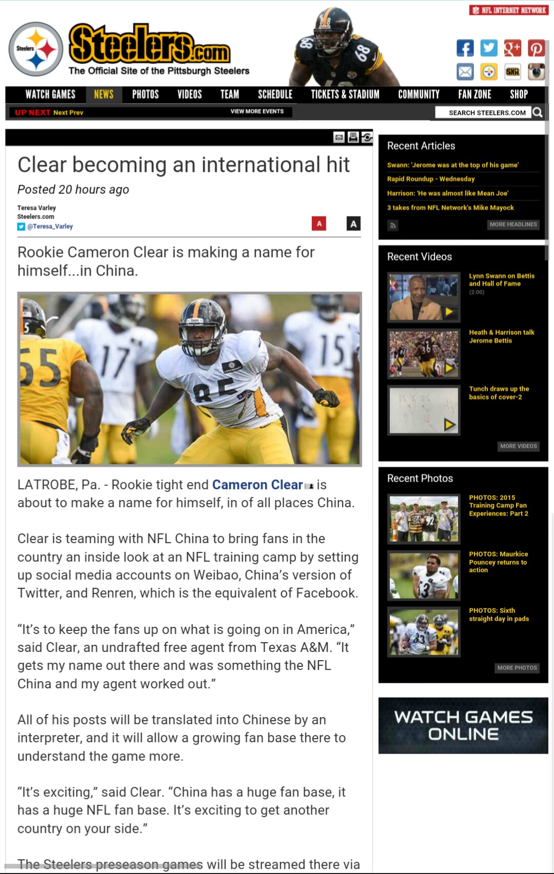 The Steelers official site headline story 
