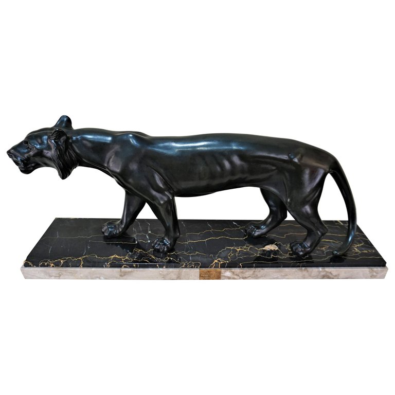 Art Deco Matte Ebony Finish Panther On the Prowl Statue Predator Sculpture 